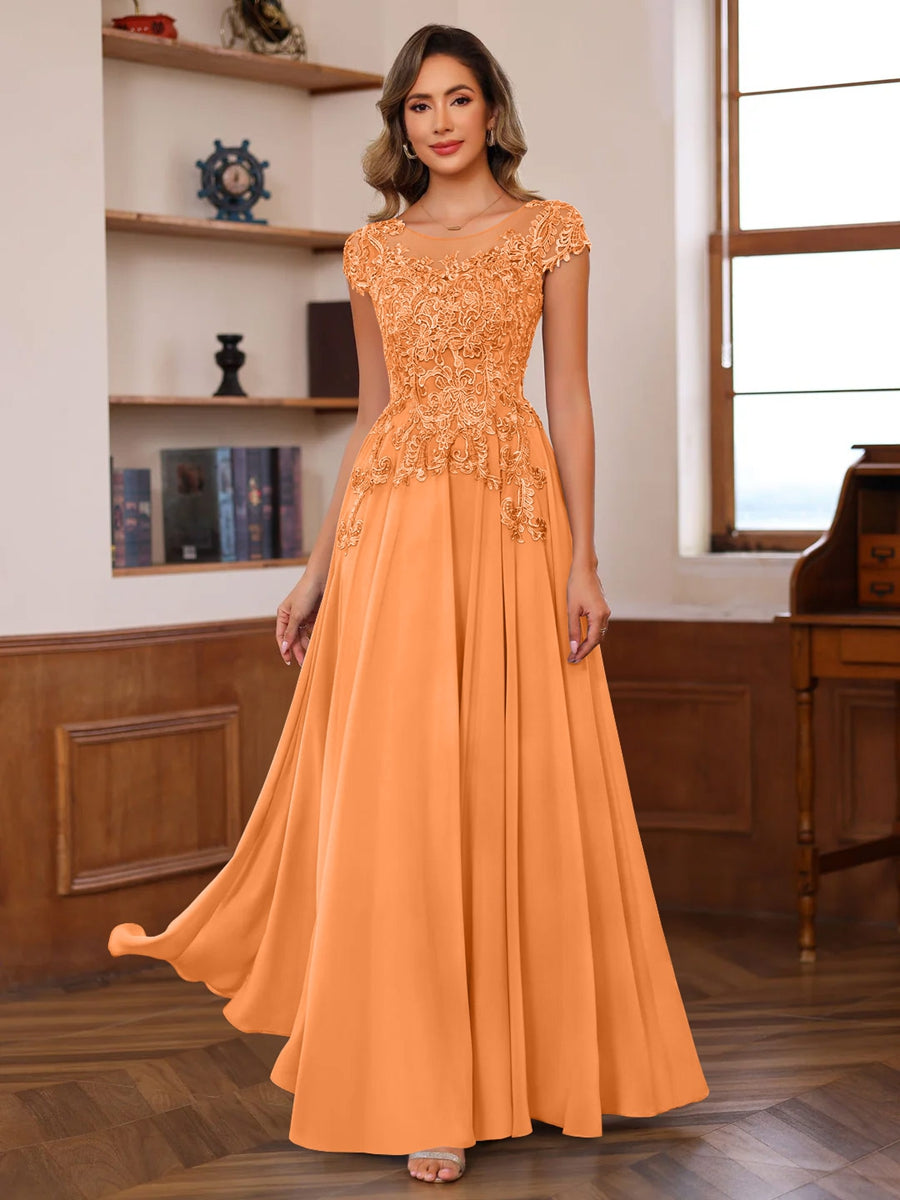 Long A Line Mother of the Bride Dress with Scoop Neck and Short Sleeves Featuring Appliques