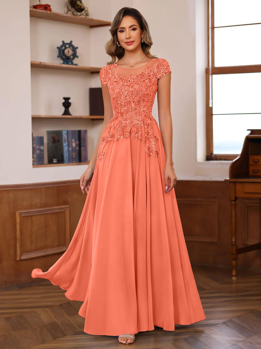 Long A Line Mother of the Bride Dress with Scoop Neck and Short Sleeves Featuring Appliques