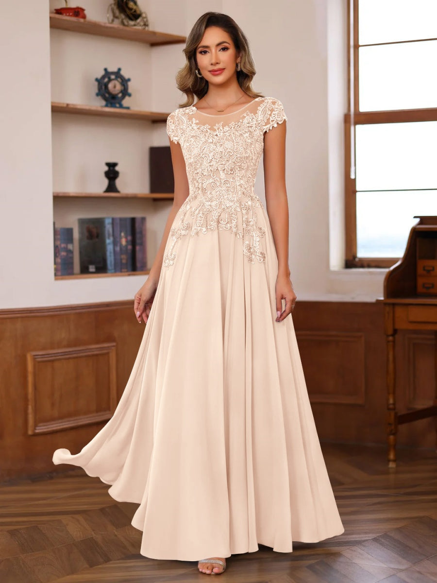 Long A Line Mother of the Bride Dress with Scoop Neck and Short Sleeves Featuring Appliques