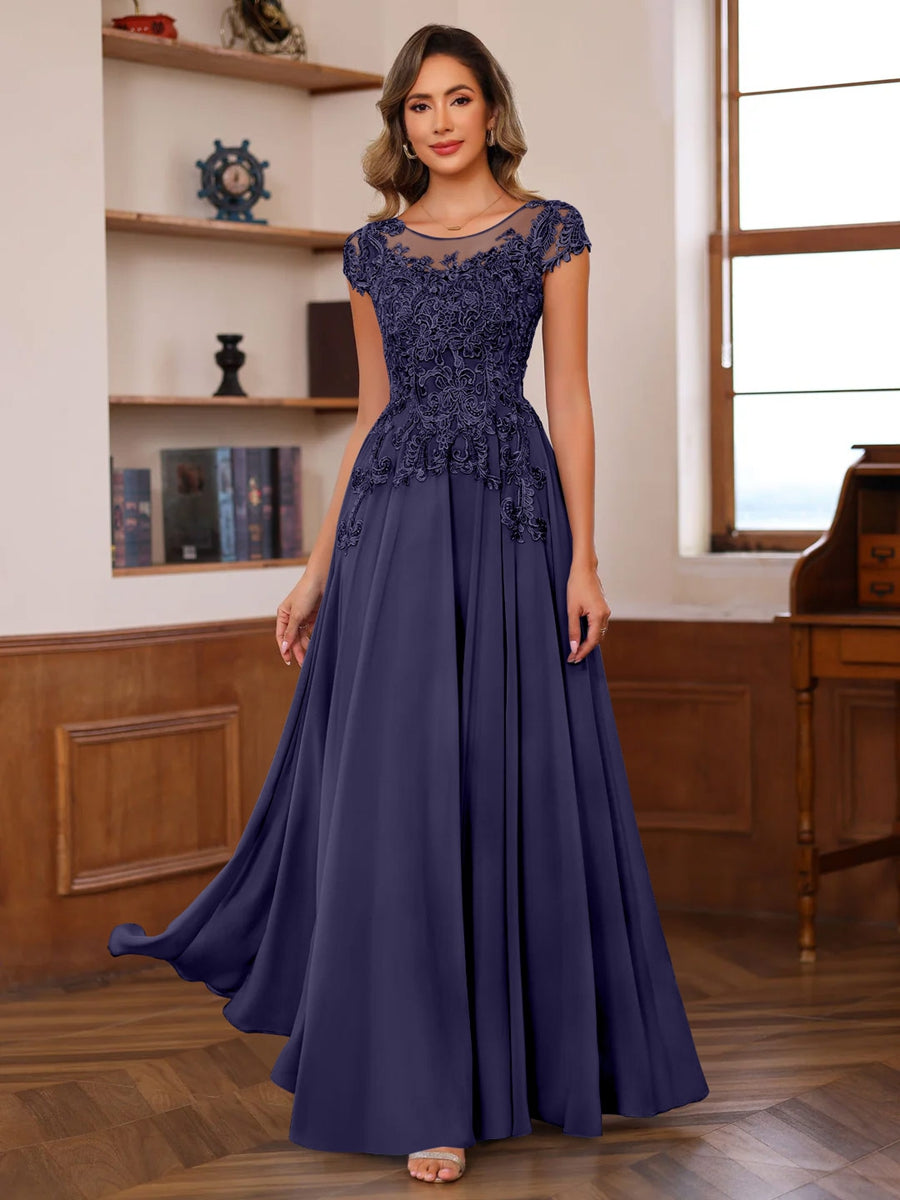 Long A Line Mother of the Bride Dress with Scoop Neck and Short Sleeves Featuring Appliques