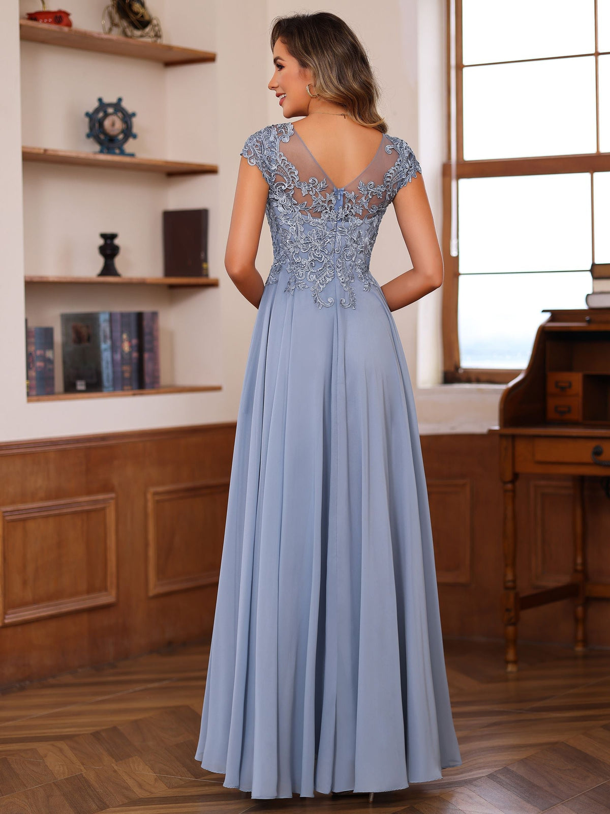 Long A Line Mother of the Bride Dress with Scoop Neck and Short Sleeves Featuring Appliques