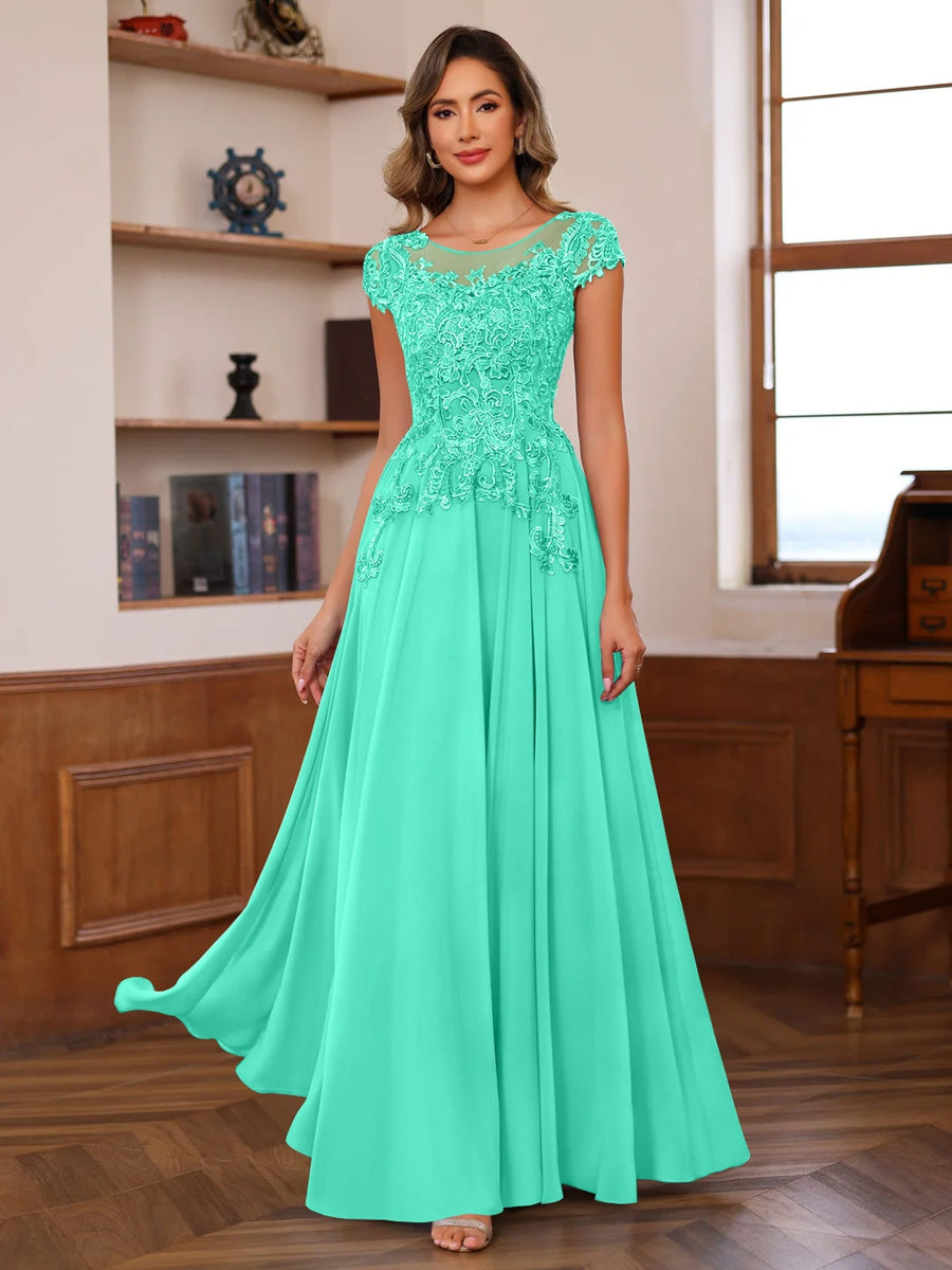 Long A Line Mother of the Bride Dress with Scoop Neck and Short Sleeves Featuring Appliques