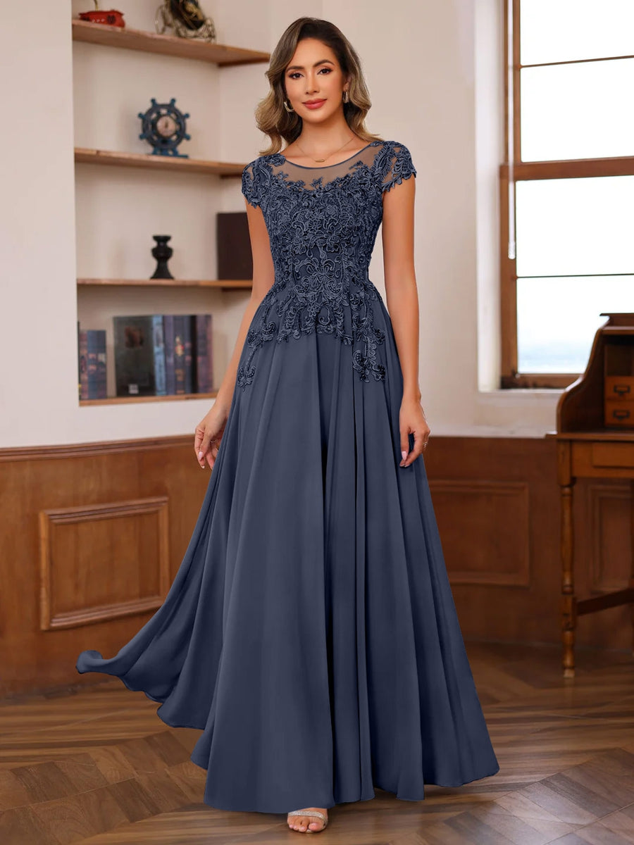 Long A Line Mother of the Bride Dress with Scoop Neck and Short Sleeves Featuring Appliques