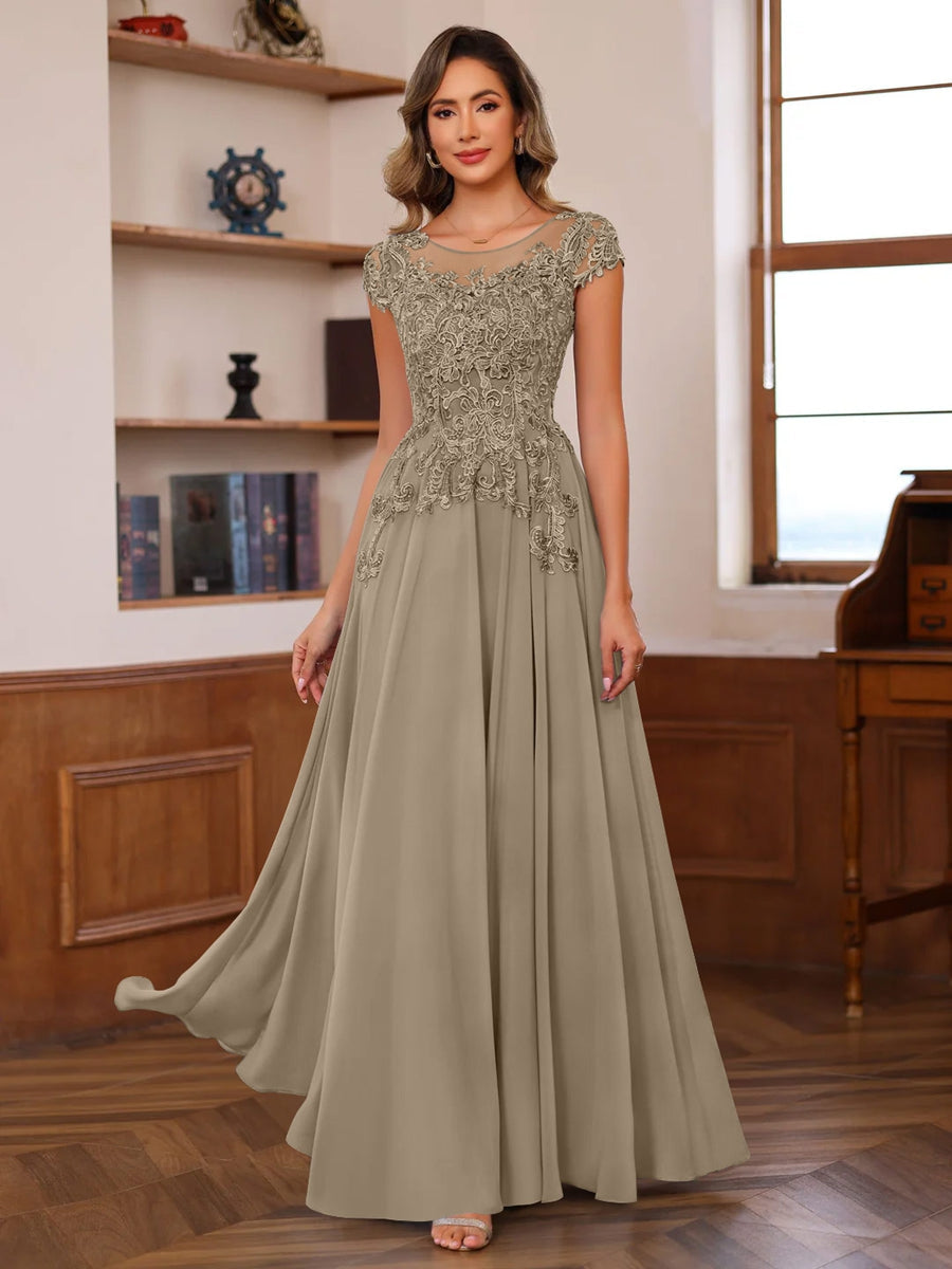 Long A Line Mother of the Bride Dress with Scoop Neck and Short Sleeves Featuring Appliques