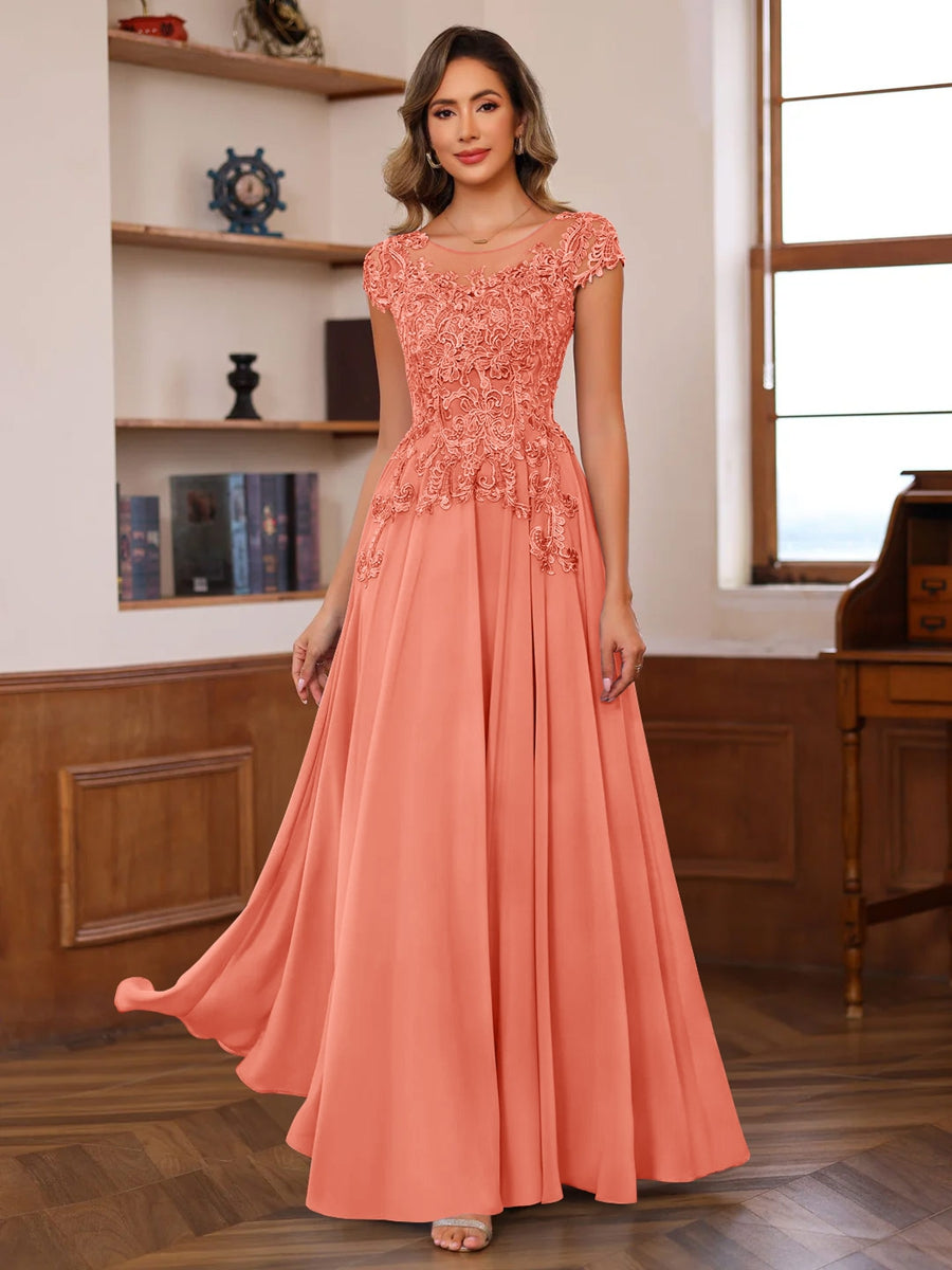 Long A Line Mother of the Bride Dress with Scoop Neck and Short Sleeves Featuring Appliques