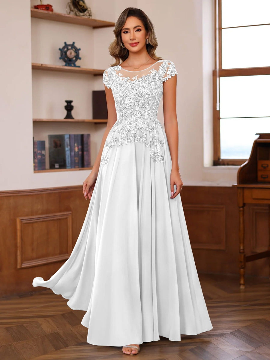 Long A Line Mother of the Bride Dress with Scoop Neck and Short Sleeves Featuring Appliques
