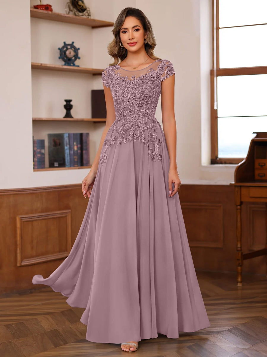 Long A Line Mother of the Bride Dress with Scoop Neck and Short Sleeves Featuring Appliques