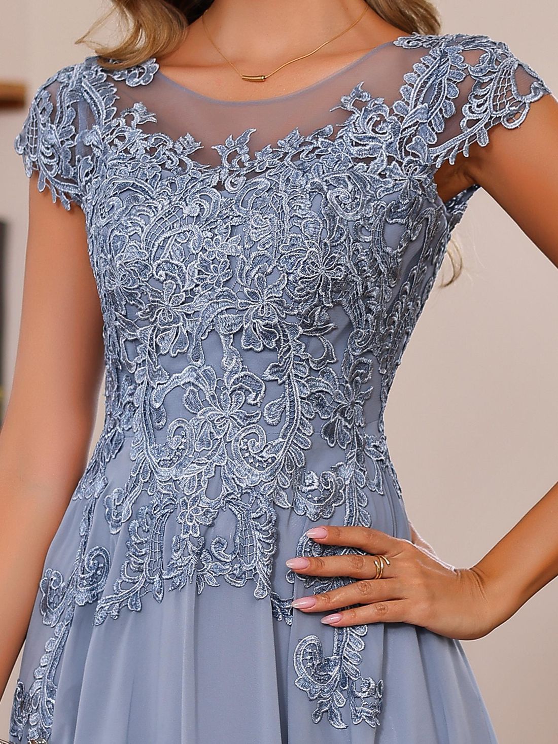 Long A Line Mother of the Bride Dress with Scoop Neck and Short Sleeves Featuring Appliques