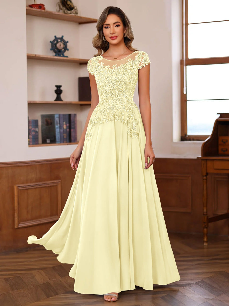 Long A Line Mother of the Bride Dress with Scoop Neck and Short Sleeves Featuring Appliques