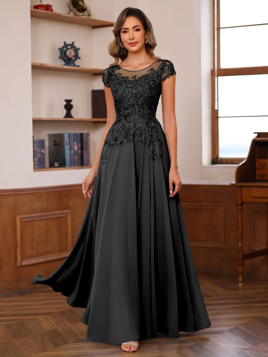 Long A Line Mother of the Bride Dress with Scoop Neck and Short Sleeves Featuring Appliques