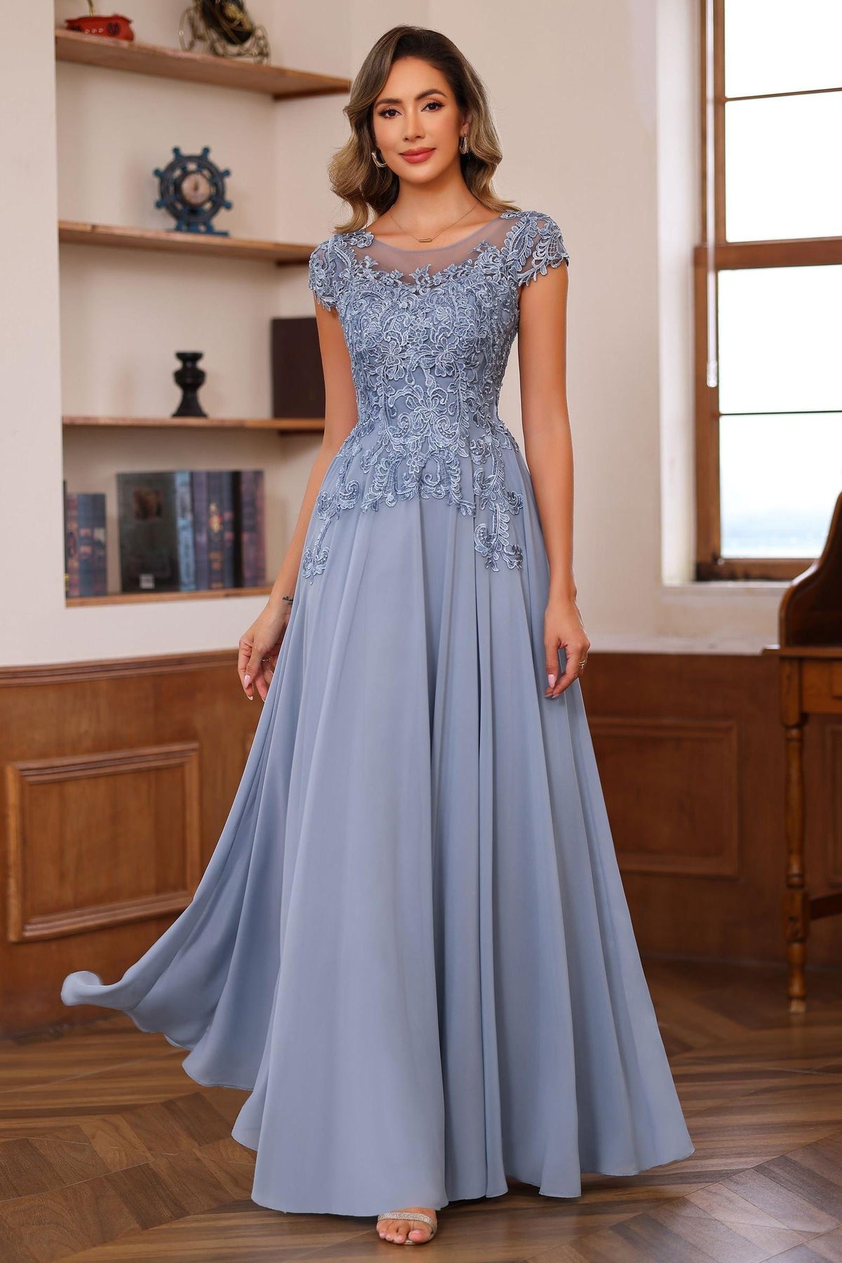 Long A Line Mother of the Bride Dress with Scoop Neck and Short Sleeves Featuring Appliques