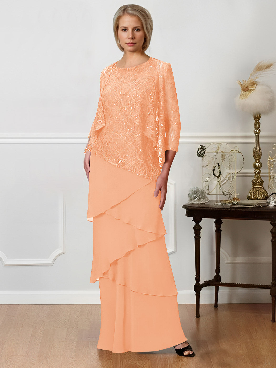Long A Line Mother of the Bride Dress with Jewel Neck