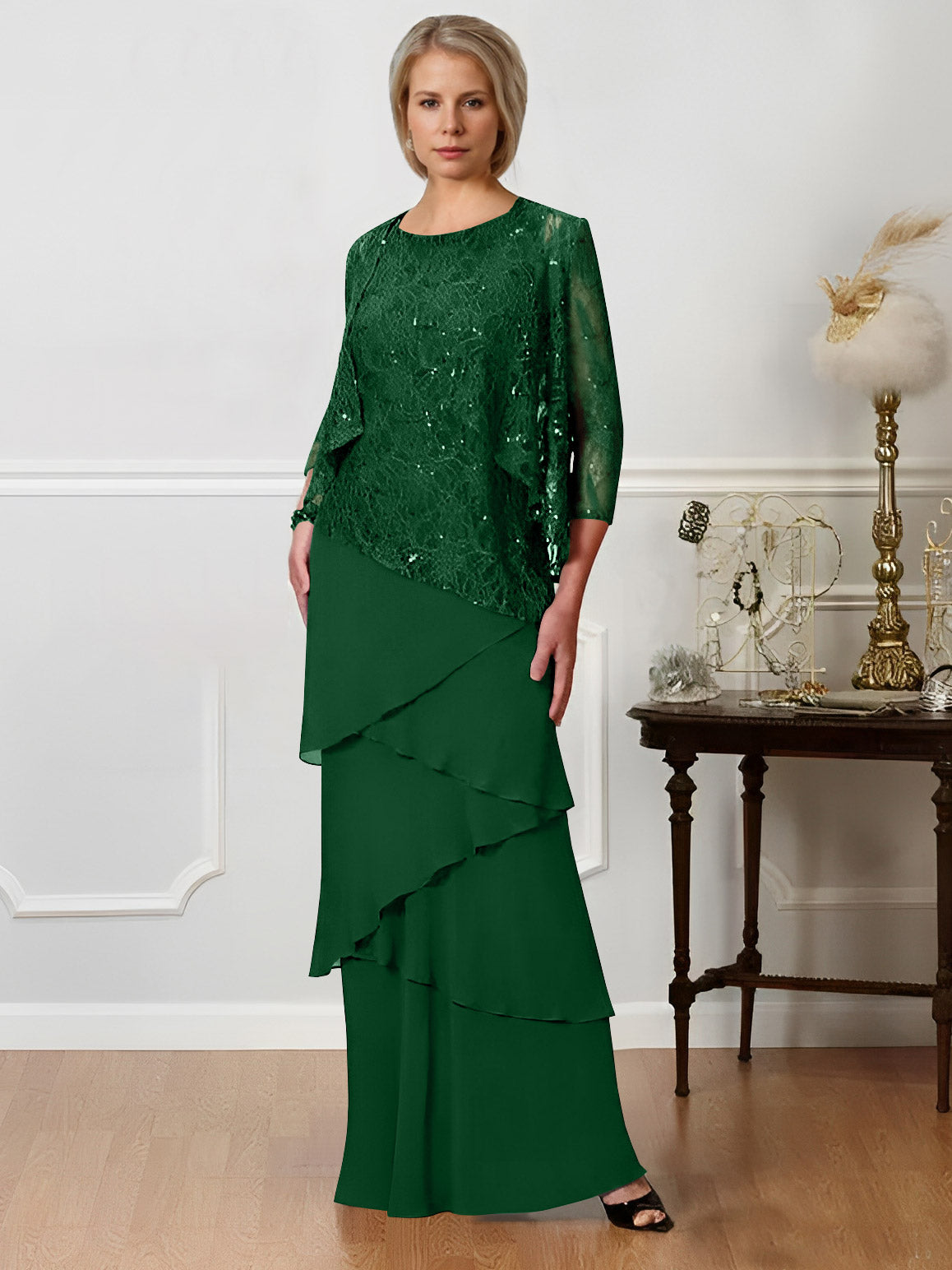 Long A Line Mother of the Bride Dress with Jewel Neck
