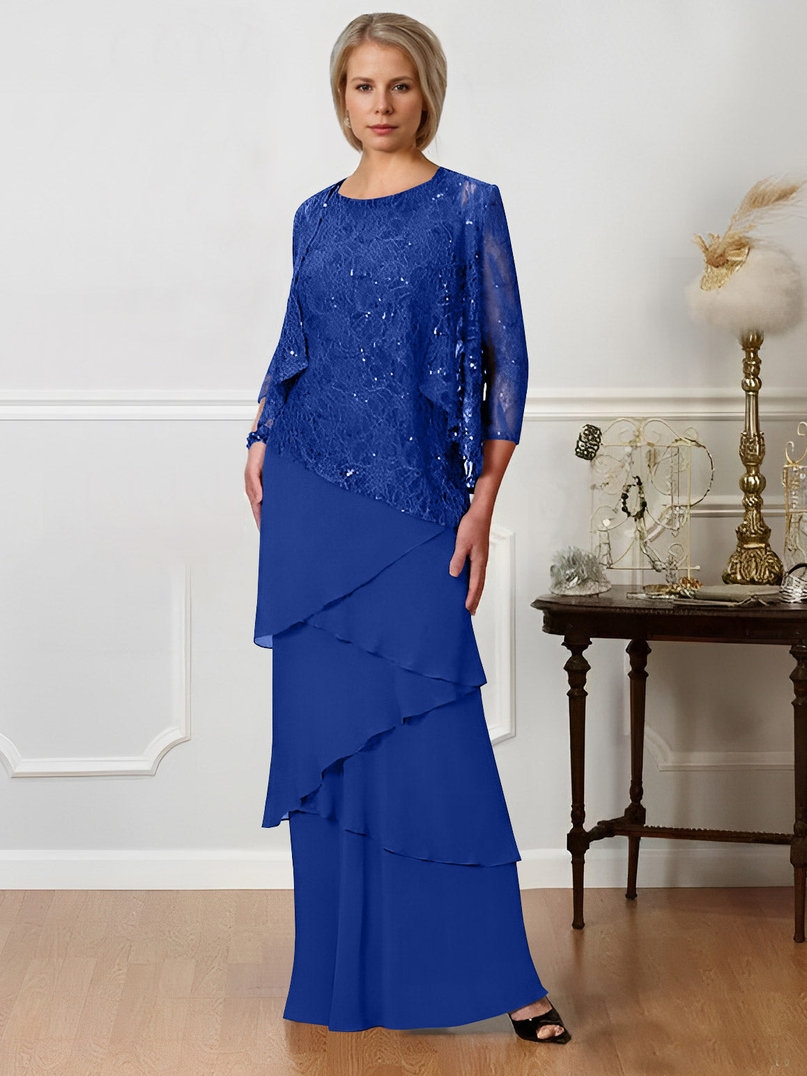 Long A Line Mother of the Bride Dress with Jewel Neck