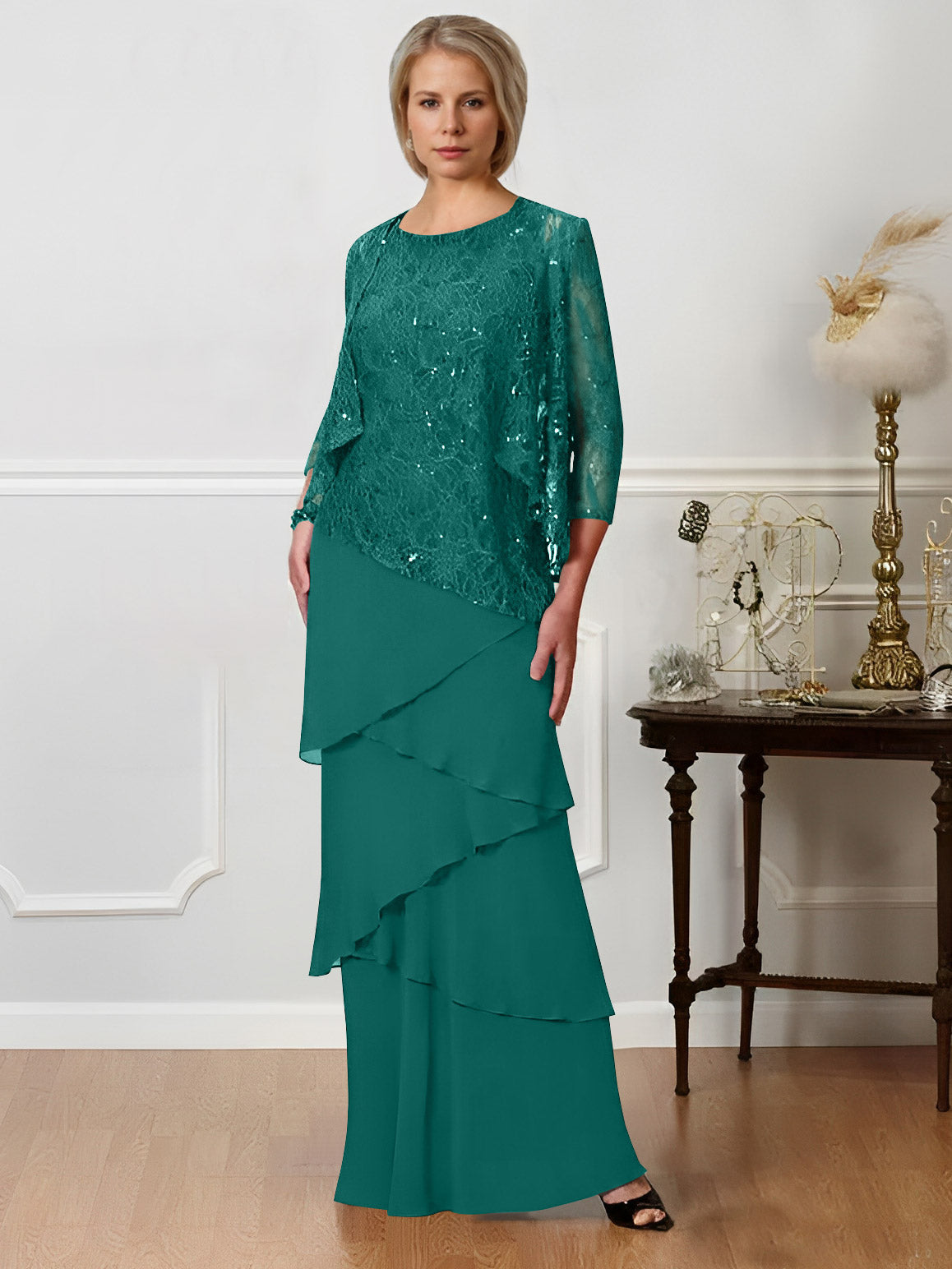 Long A Line Mother of the Bride Dress with Jewel Neck