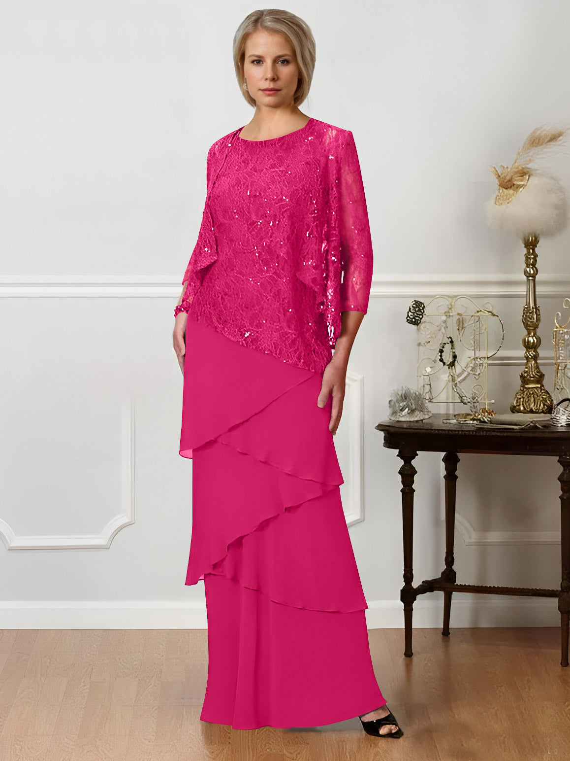 Long A Line Mother of the Bride Dress with Jewel Neck
