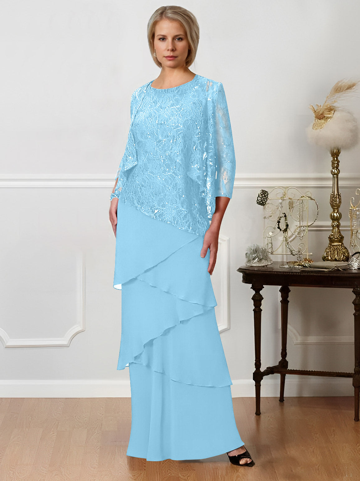Long A Line Mother of the Bride Dress with Jewel Neck