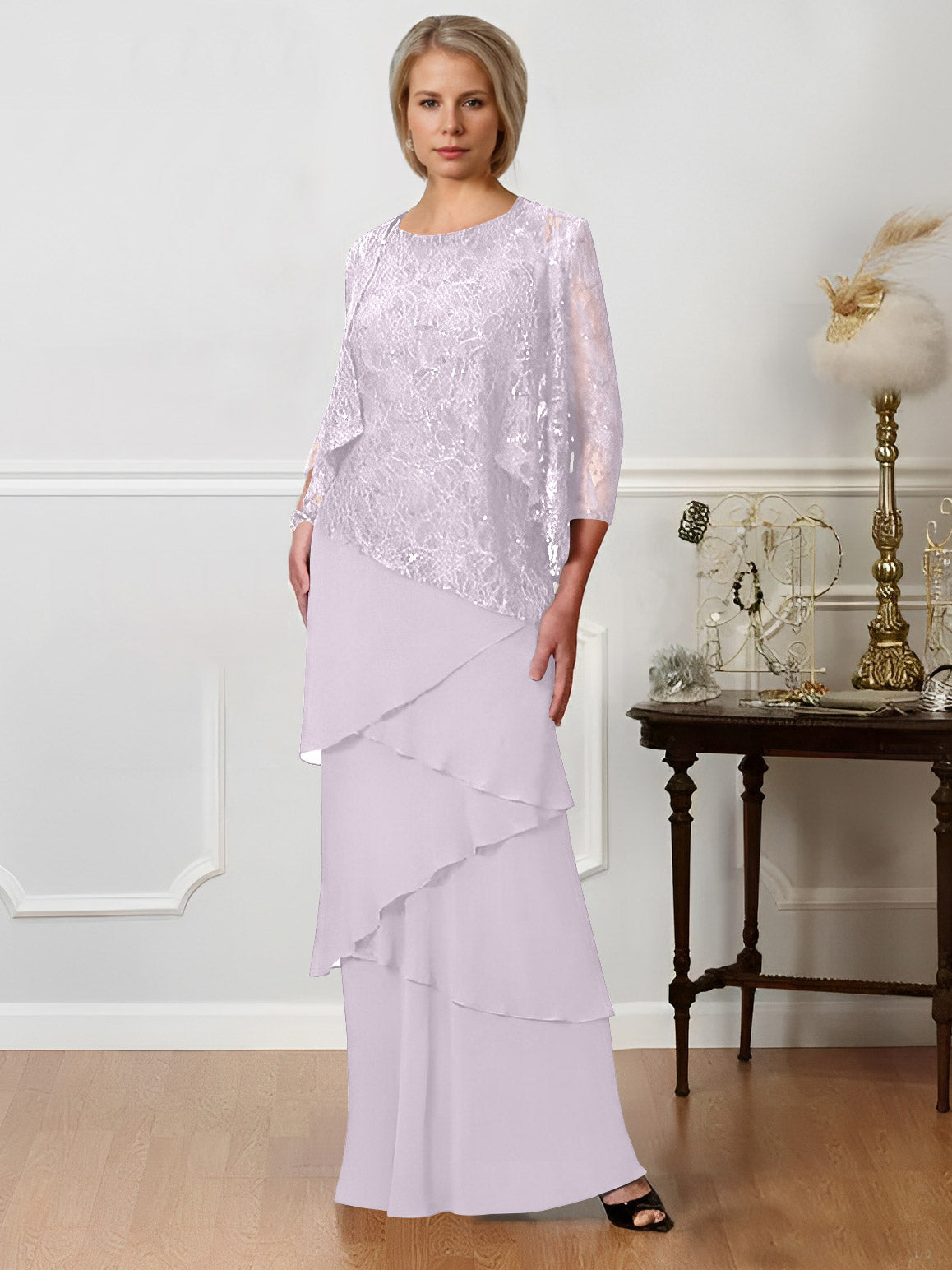 Long A Line Mother of the Bride Dress with Jewel Neck