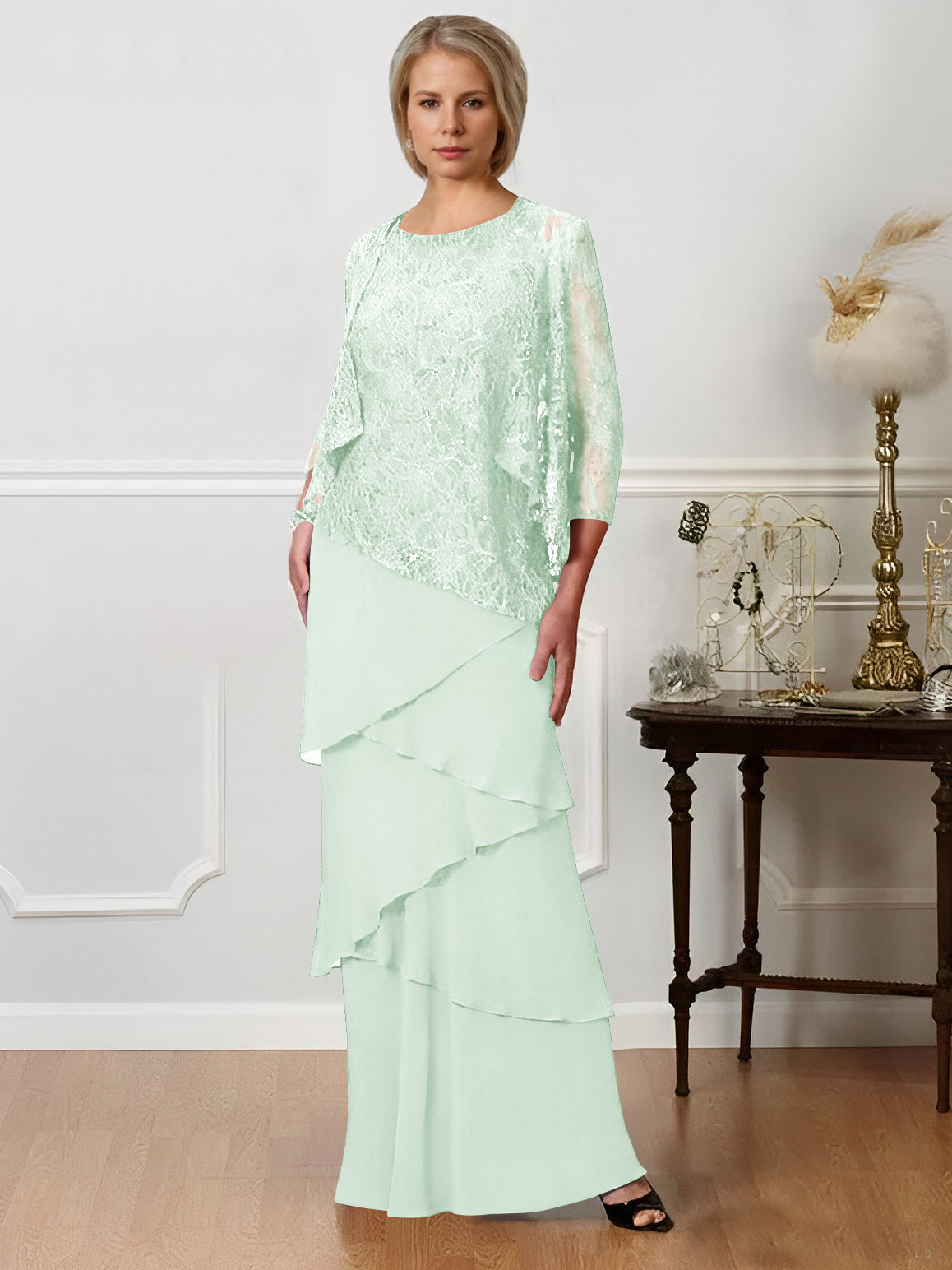 Long A Line Mother of the Bride Dress with Jewel Neck