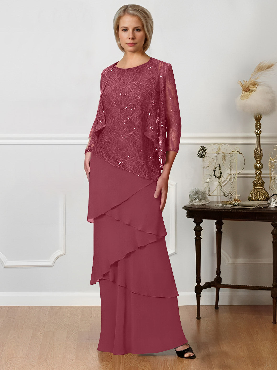 Long A Line Mother of the Bride Dress with Jewel Neck