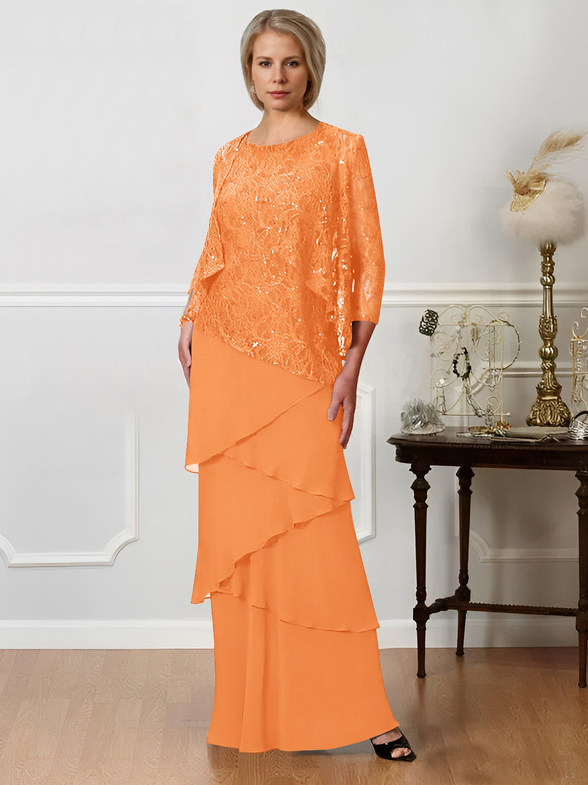 Long A Line Mother of the Bride Dress with Jewel Neck