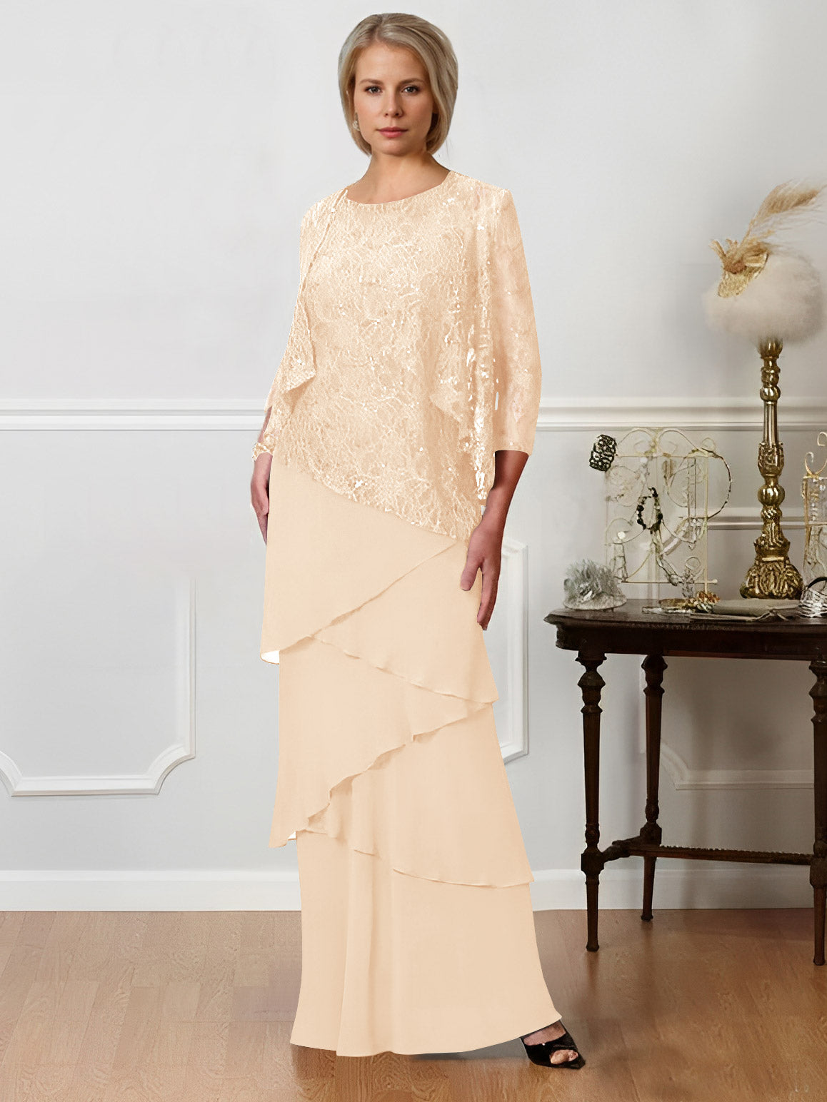 Long A Line Mother of the Bride Dress with Jewel Neck