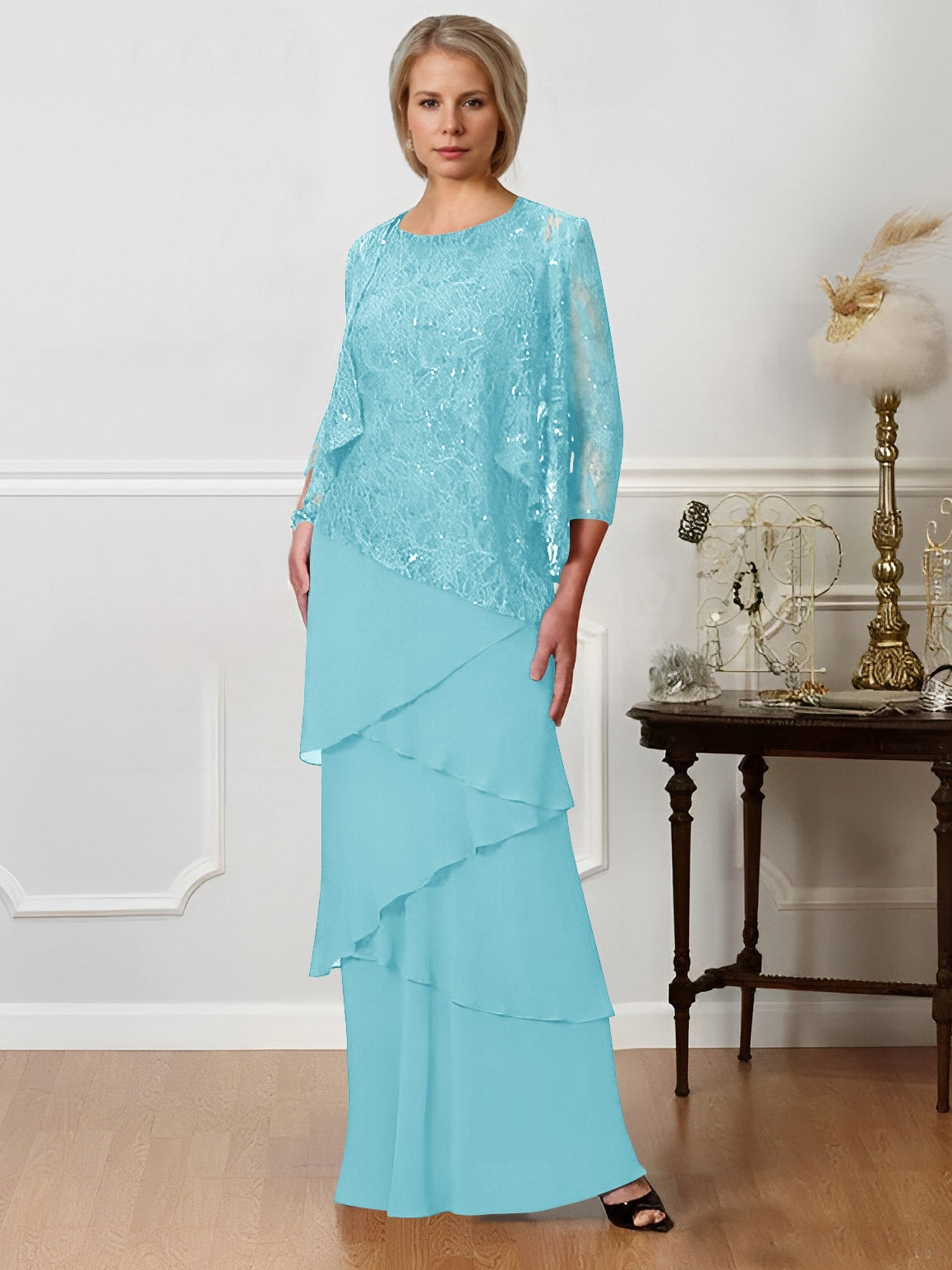 Long A Line Mother of the Bride Dress with Jewel Neck