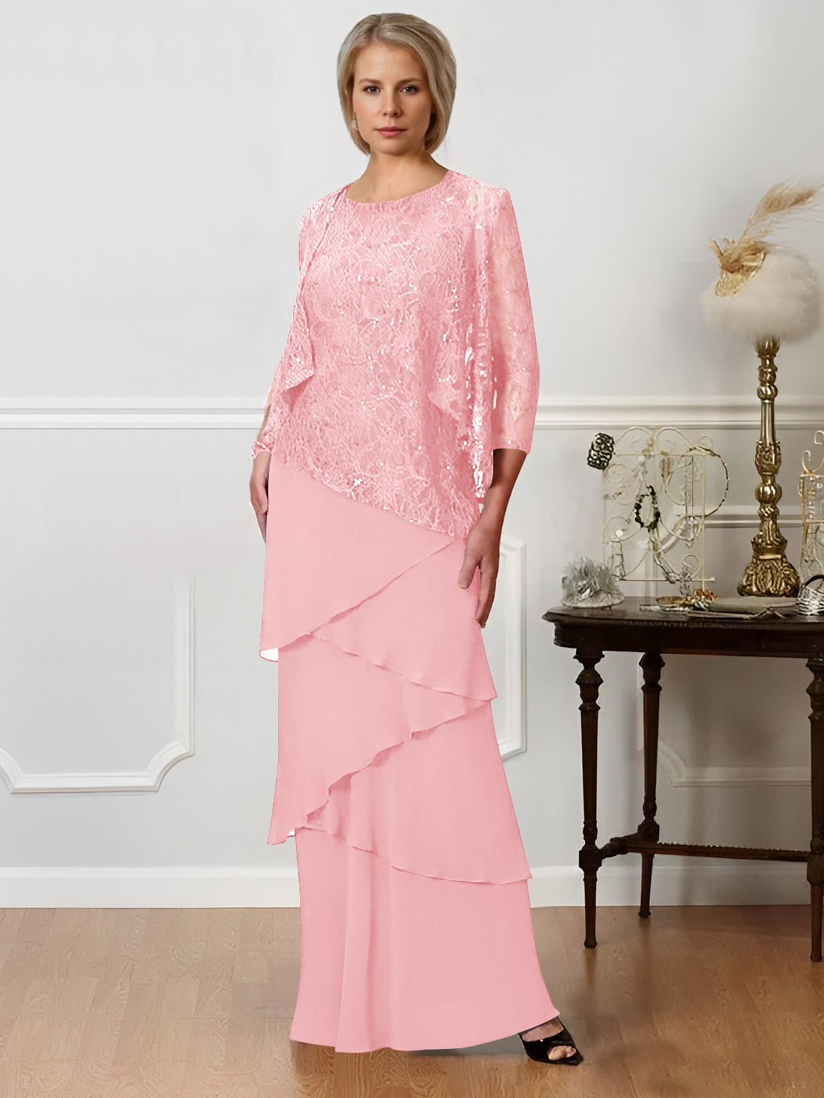 Long A Line Mother of the Bride Dress with Jewel Neck