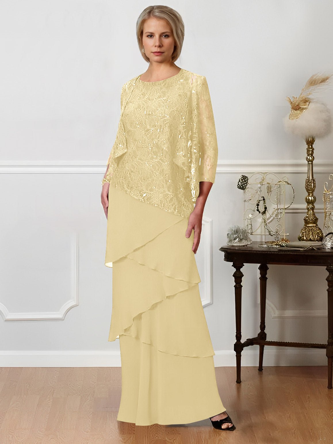 Long A Line Mother of the Bride Dress with Jewel Neck