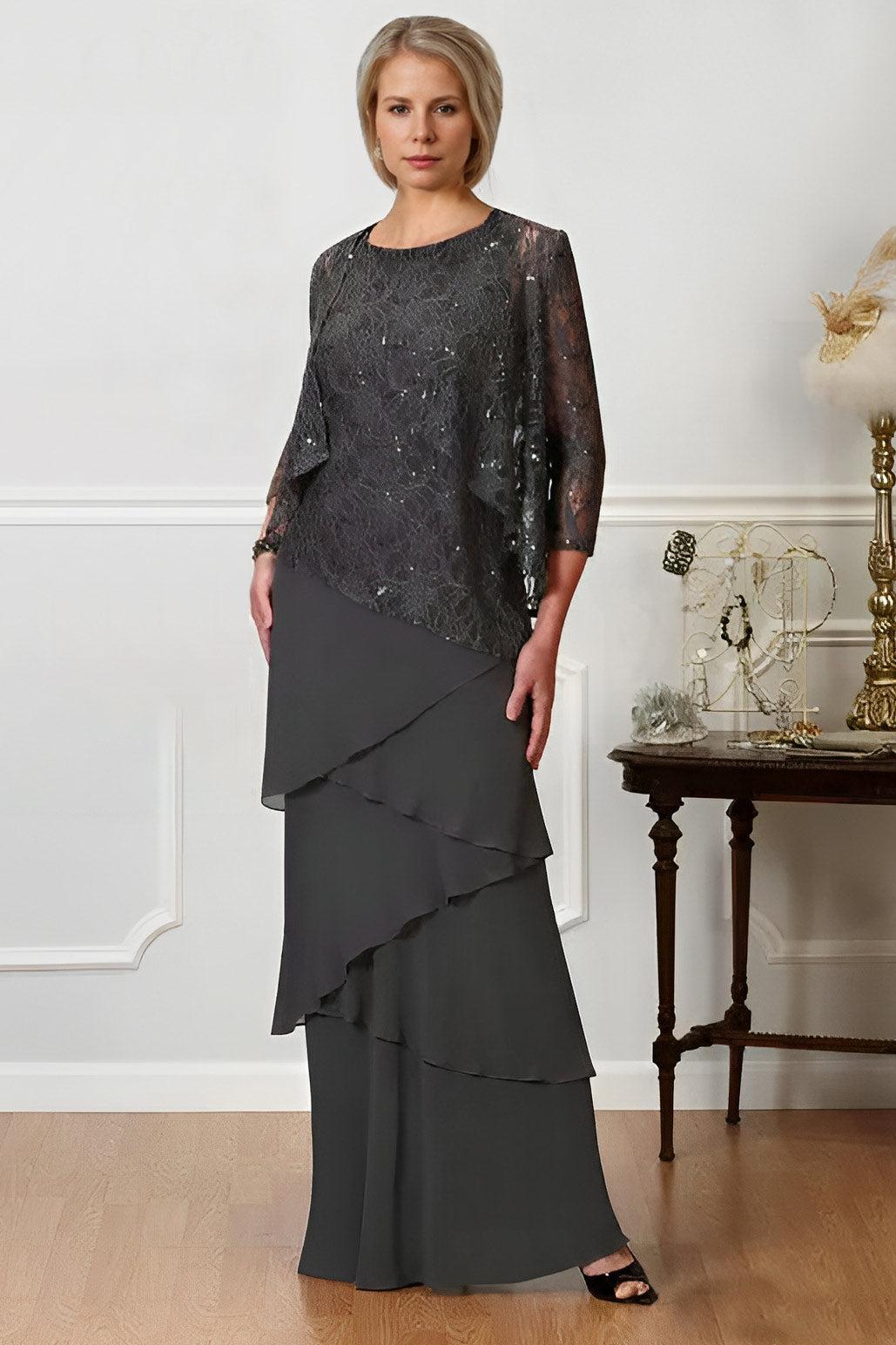 Long A Line Mother of the Bride Dress with Jewel Neck
