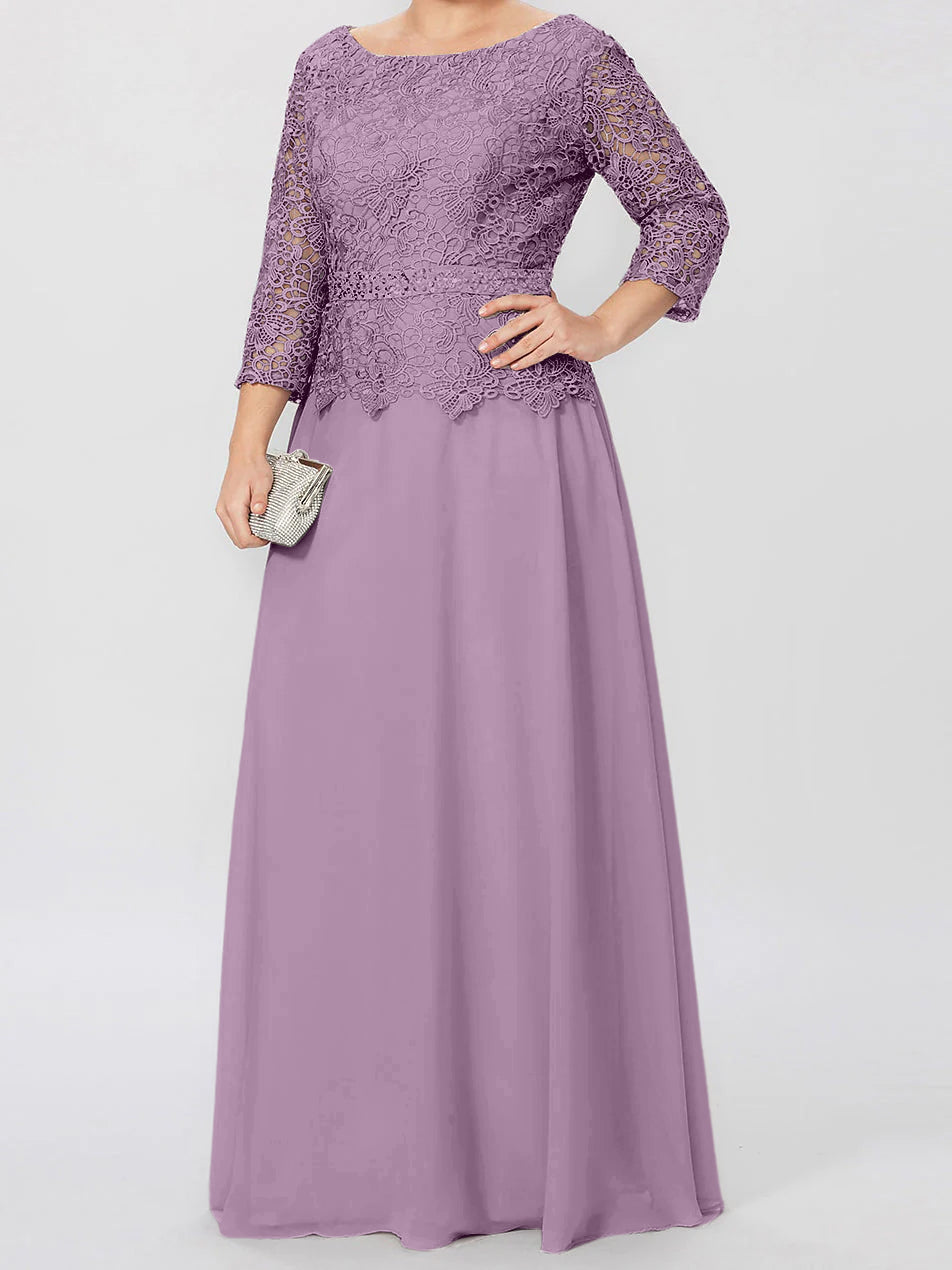 Long A Line Gown with Round Neck and 3/4 Sleeves Embellished with Applique & Sequins