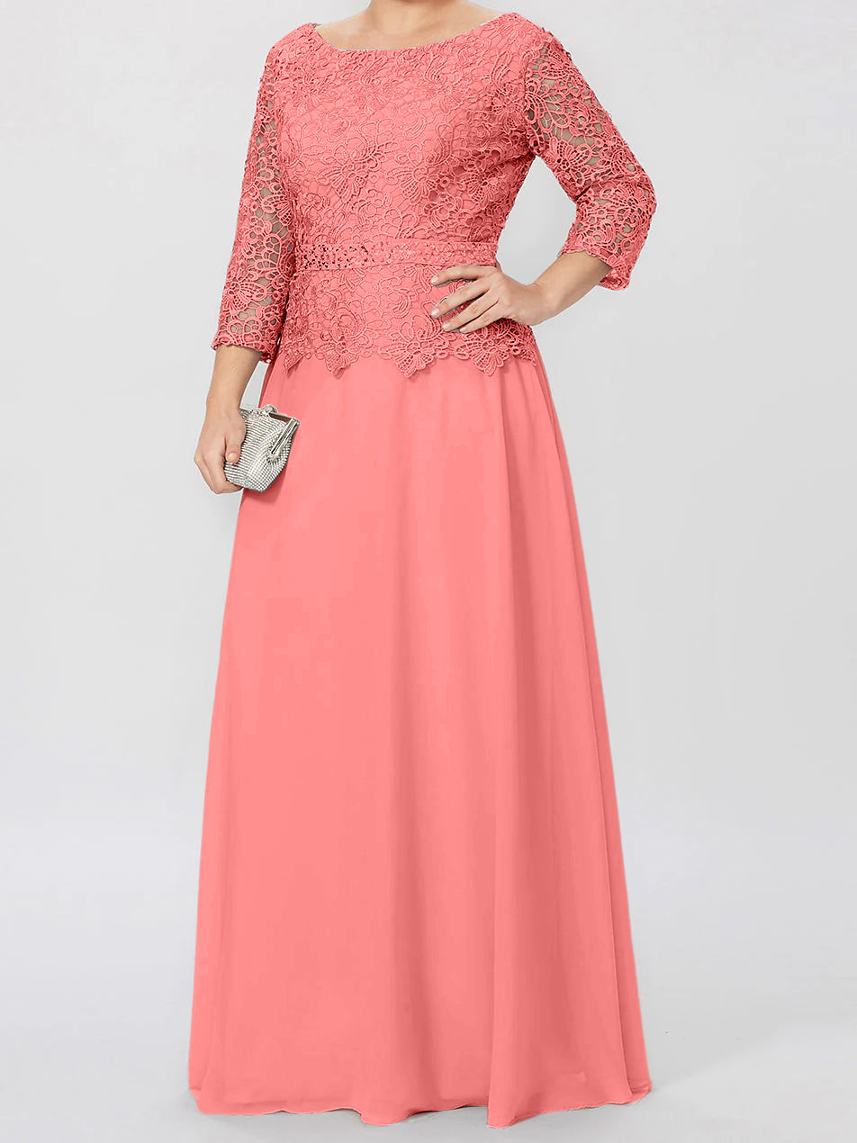 Long A Line Gown with Round Neck and 3/4 Sleeves Embellished with Applique & Sequins
