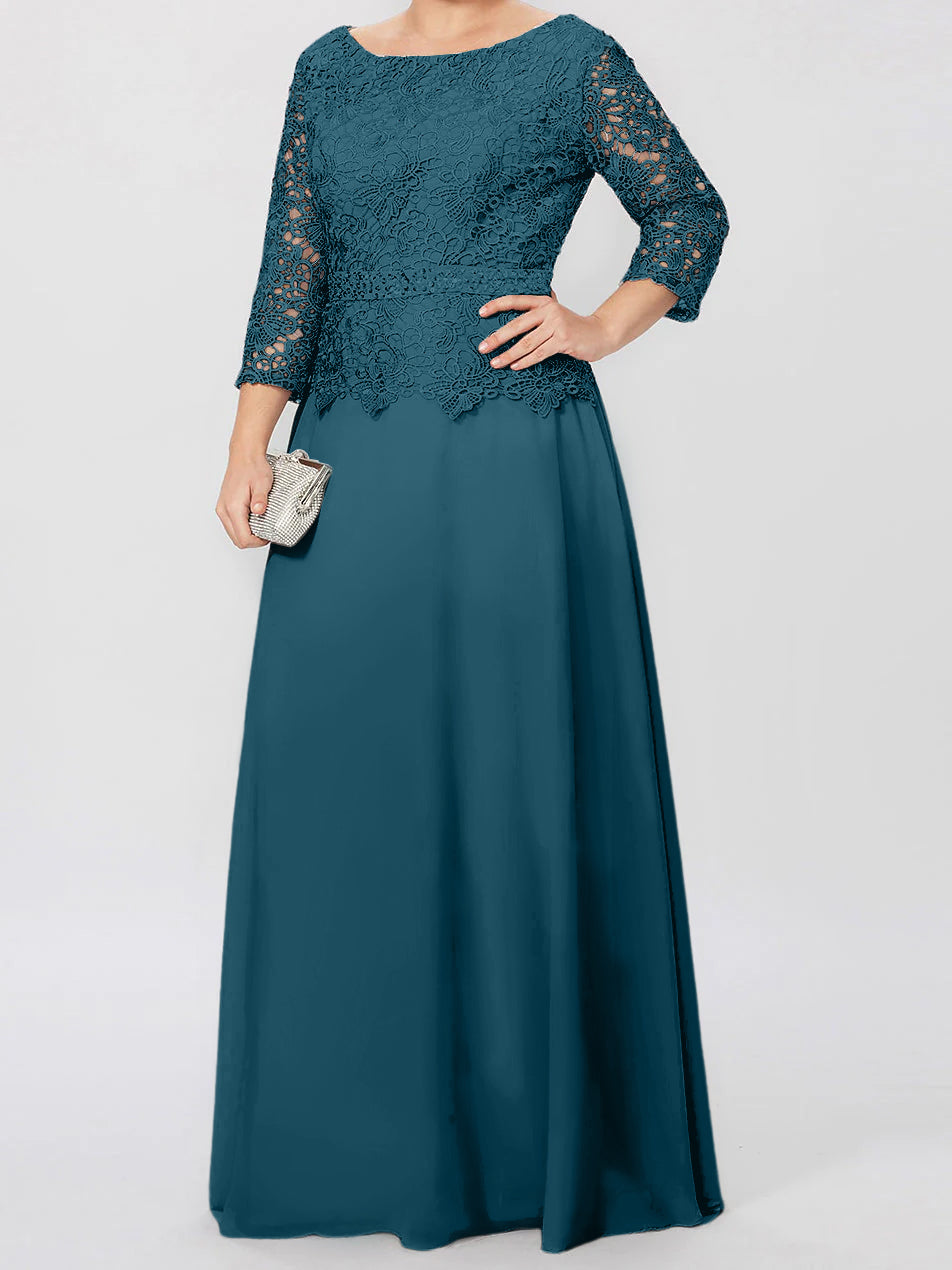 Long A Line Gown with Round Neck and 3/4 Sleeves Embellished with Applique & Sequins
