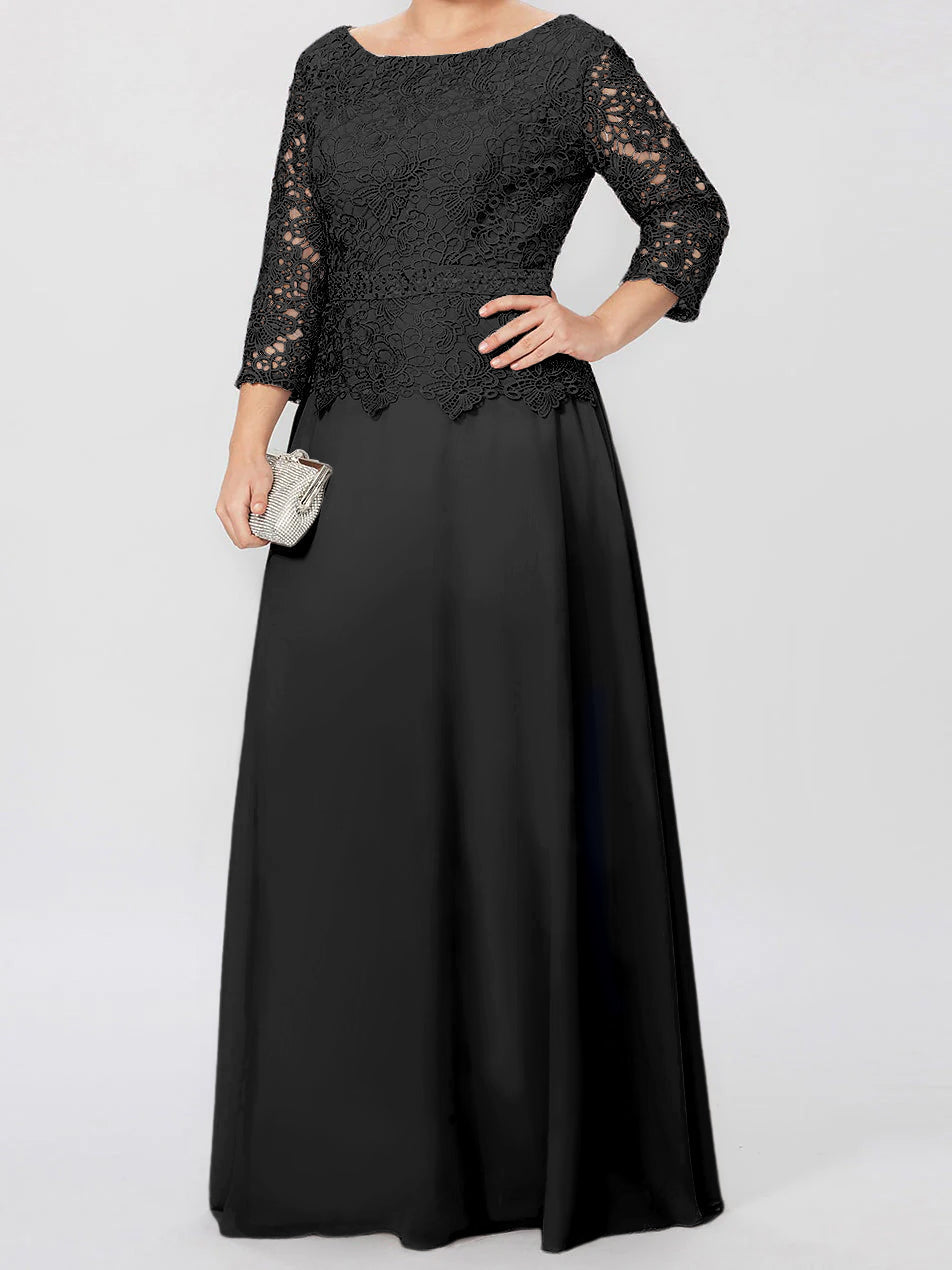 Long A Line Gown with Round Neck and 3/4 Sleeves Embellished with Applique & Sequins