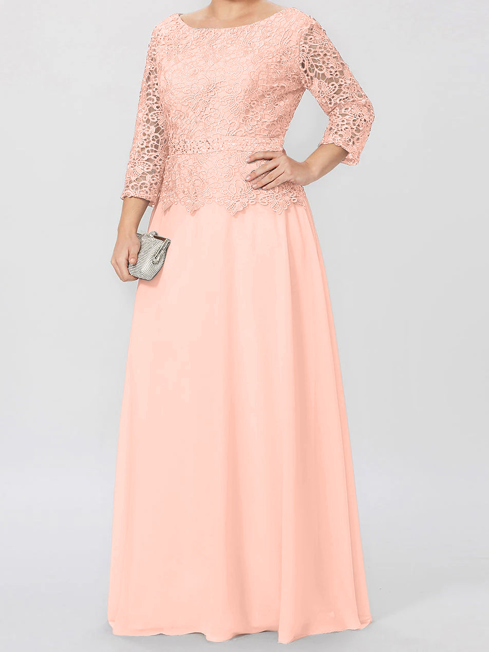 Long A Line Gown with Round Neck and 3/4 Sleeves Embellished with Applique & Sequins