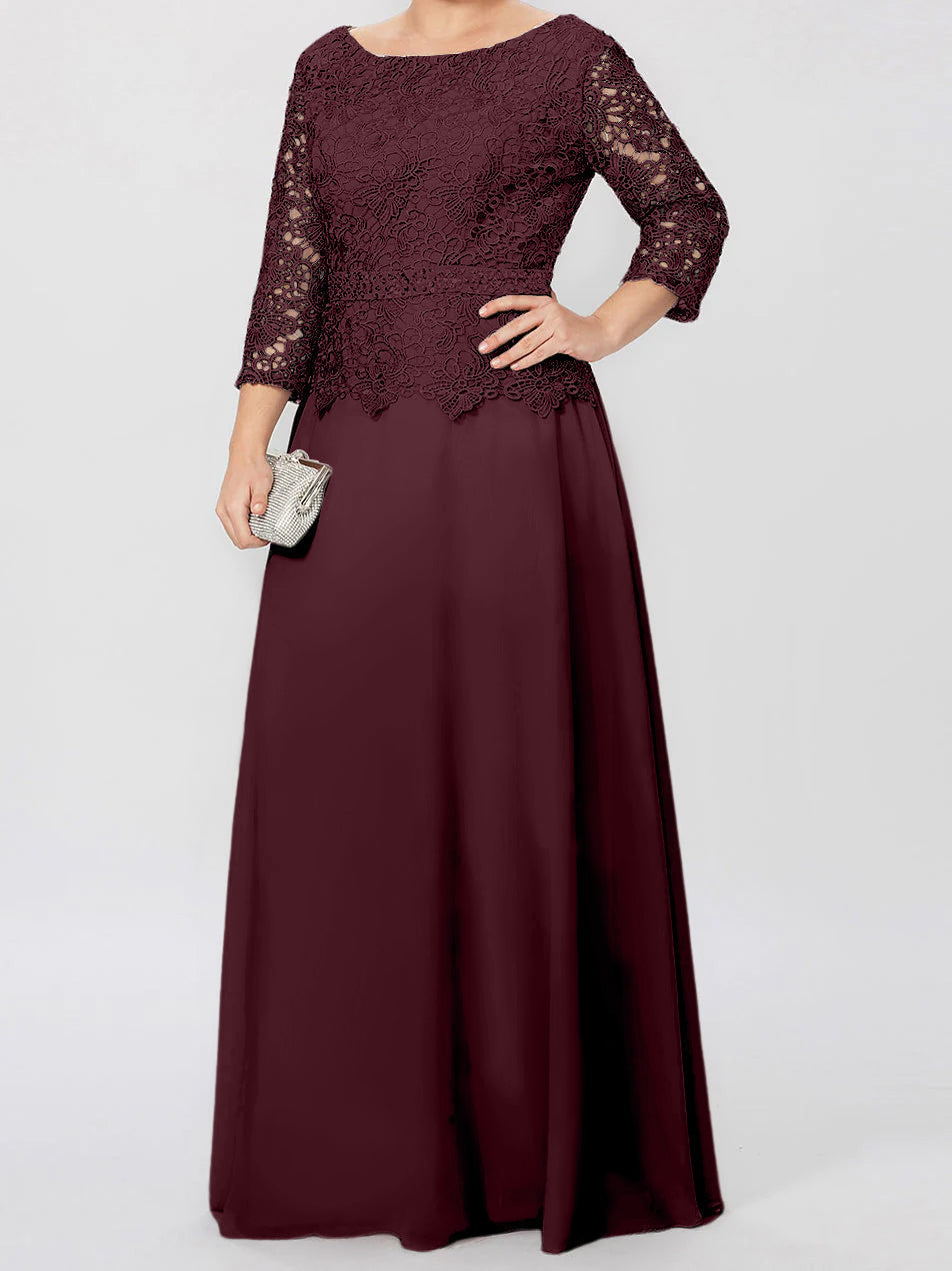 Long A Line Gown with Round Neck and 3/4 Sleeves Embellished with Applique & Sequins