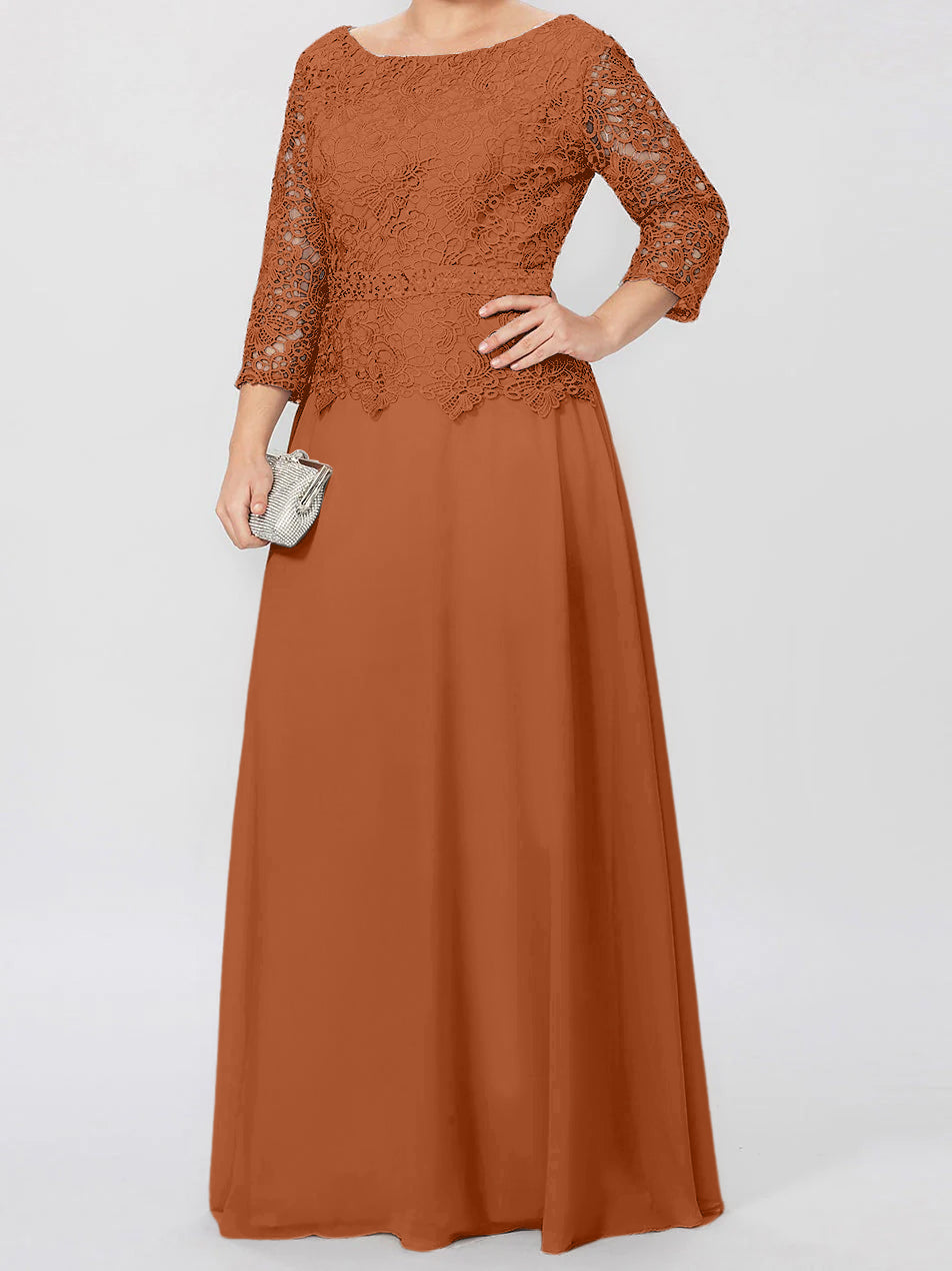 Long A Line Gown with Round Neck and 3/4 Sleeves Embellished with Applique & Sequins