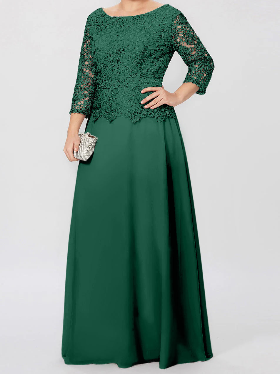 Long A Line Gown with Round Neck and 3/4 Sleeves Embellished with Applique & Sequins