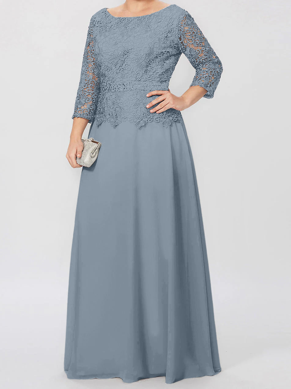 Long A Line Gown with Round Neck and 3/4 Sleeves Embellished with Applique & Sequins