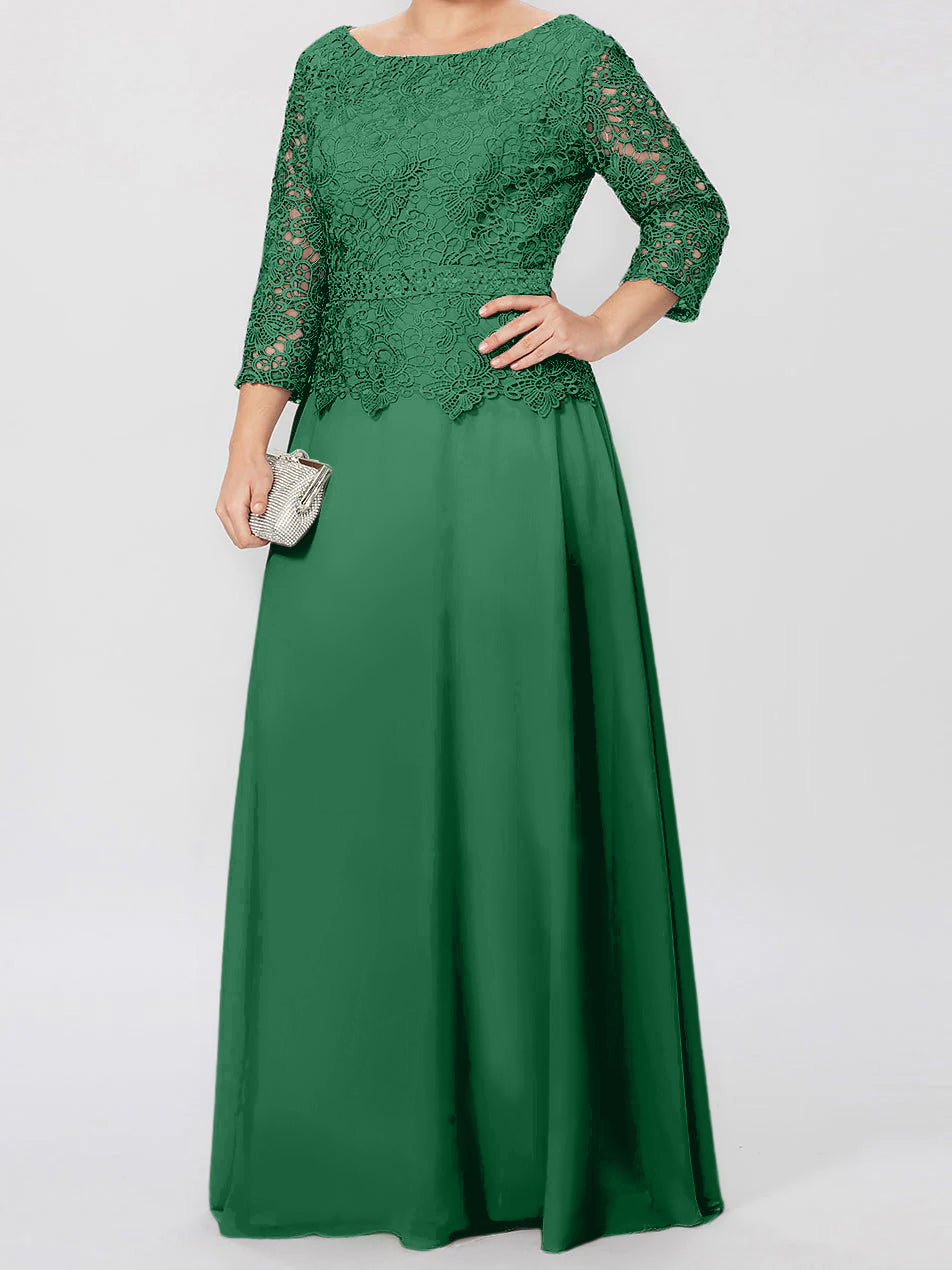 Long A Line Gown with Round Neck and 3/4 Sleeves Embellished with Applique & Sequins
