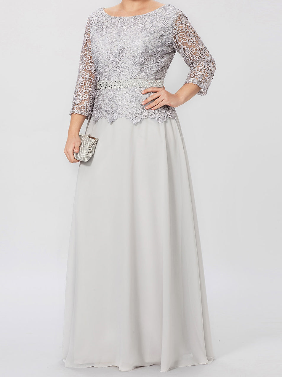 Long A Line Gown with Round Neck and 3/4 Sleeves Embellished with Applique & Sequins