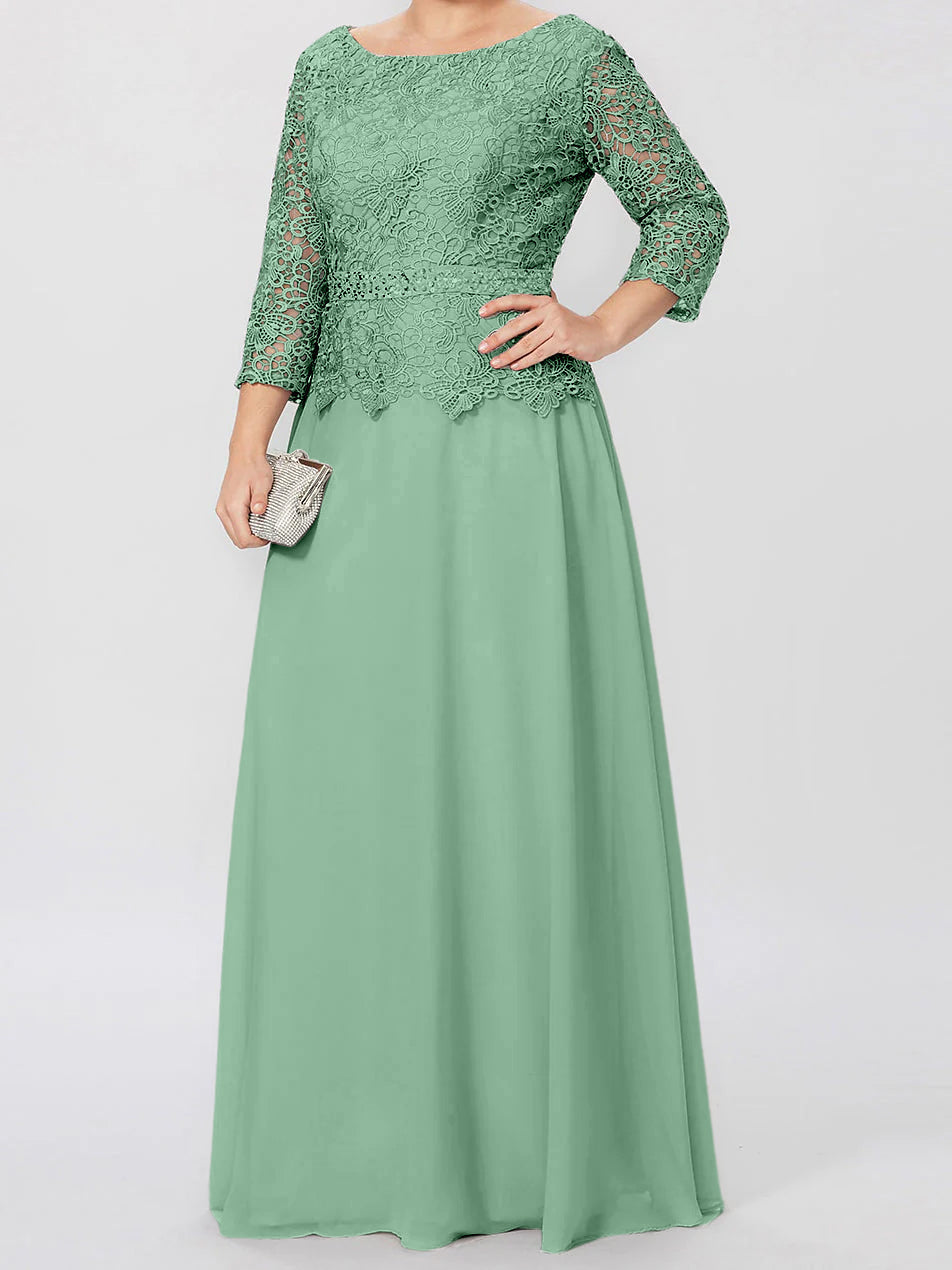 Long A Line Gown with Round Neck and 3/4 Sleeves Embellished with Applique & Sequins