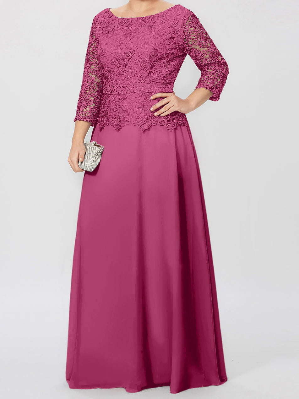 Long A Line Gown with Round Neck and 3/4 Sleeves Embellished with Applique & Sequins