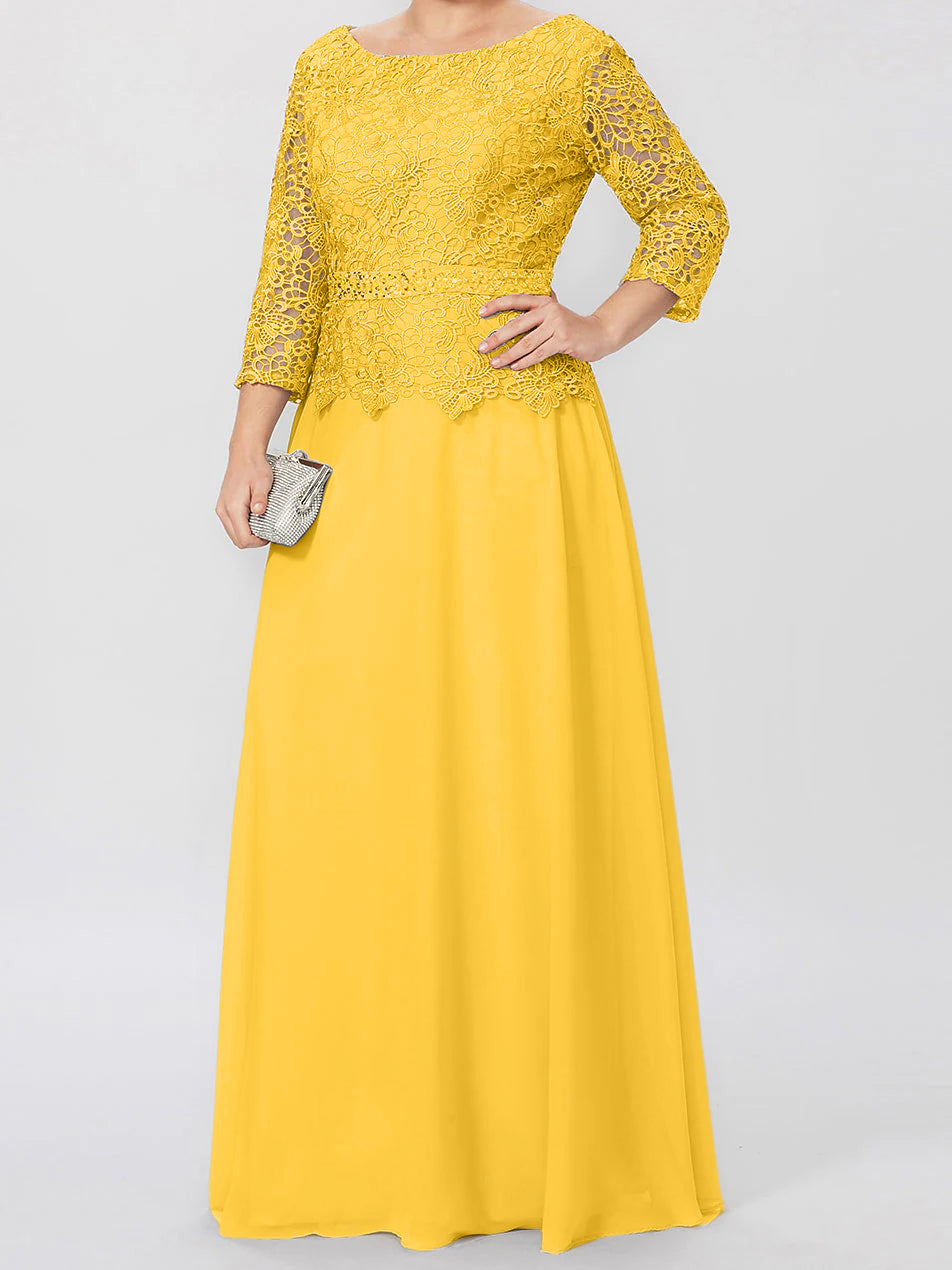 Long A Line Gown with Round Neck and 3/4 Sleeves Embellished with Applique & Sequins