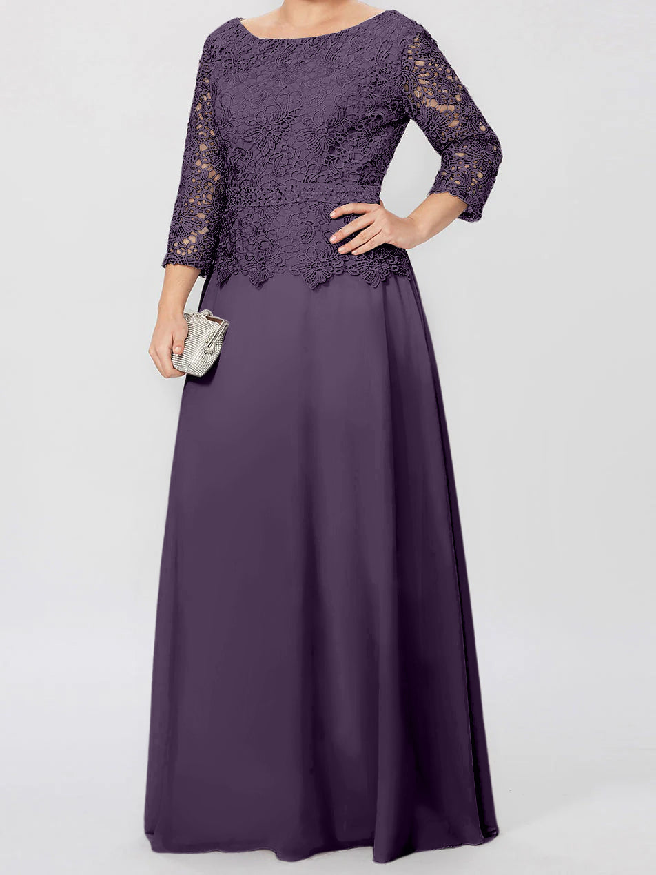 Long A Line Gown with Round Neck and 3/4 Sleeves Embellished with Applique & Sequins