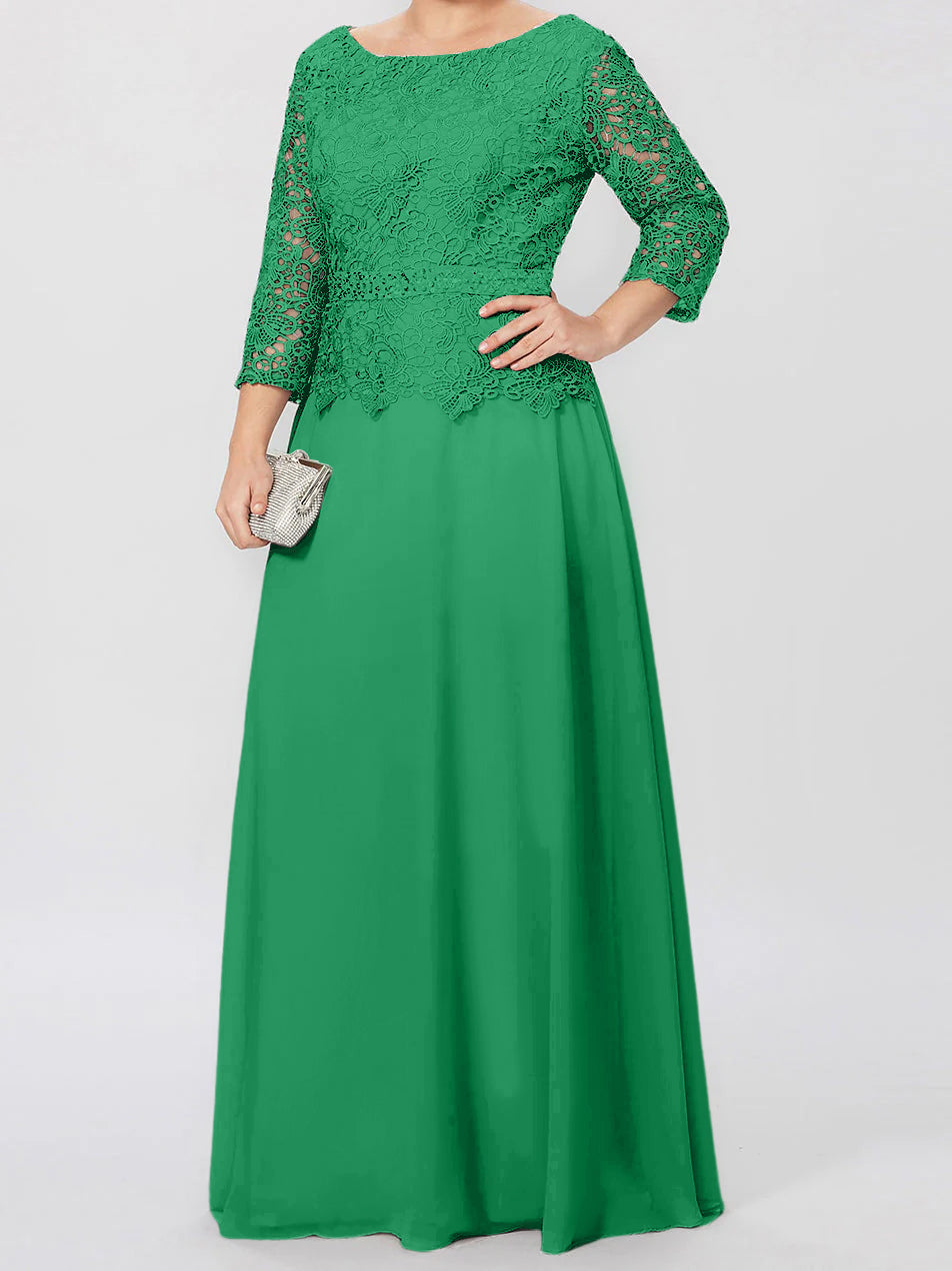 Long A Line Gown with Round Neck and 3/4 Sleeves Embellished with Applique & Sequins