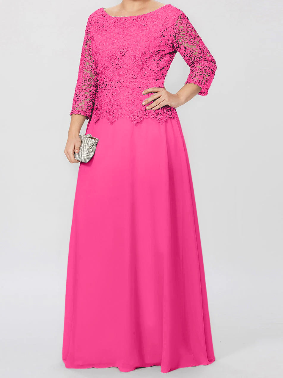 Long A Line Gown with Round Neck and 3/4 Sleeves Embellished with Applique & Sequins