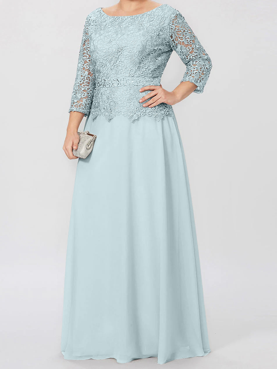 Long A Line Gown with Round Neck and 3/4 Sleeves Embellished with Applique & Sequins