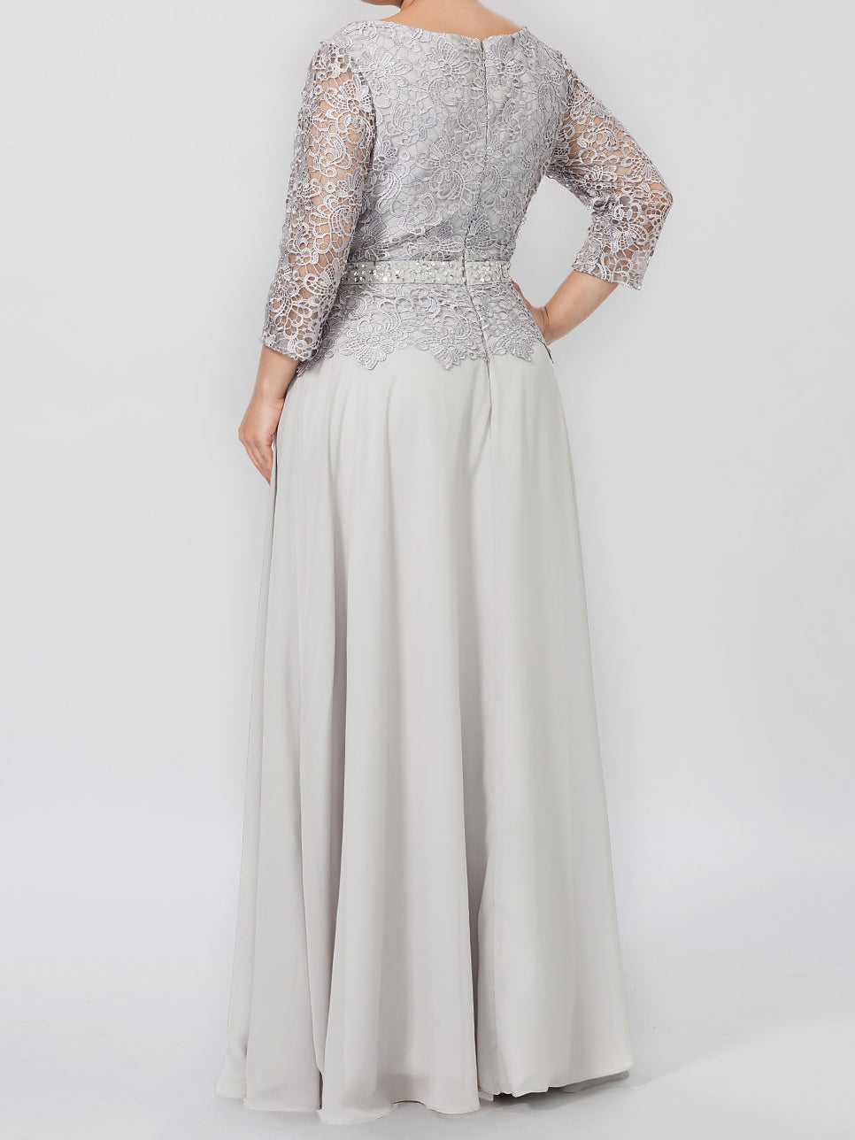 Long A Line Gown with Round Neck and 3/4 Sleeves Embellished with Applique & Sequins