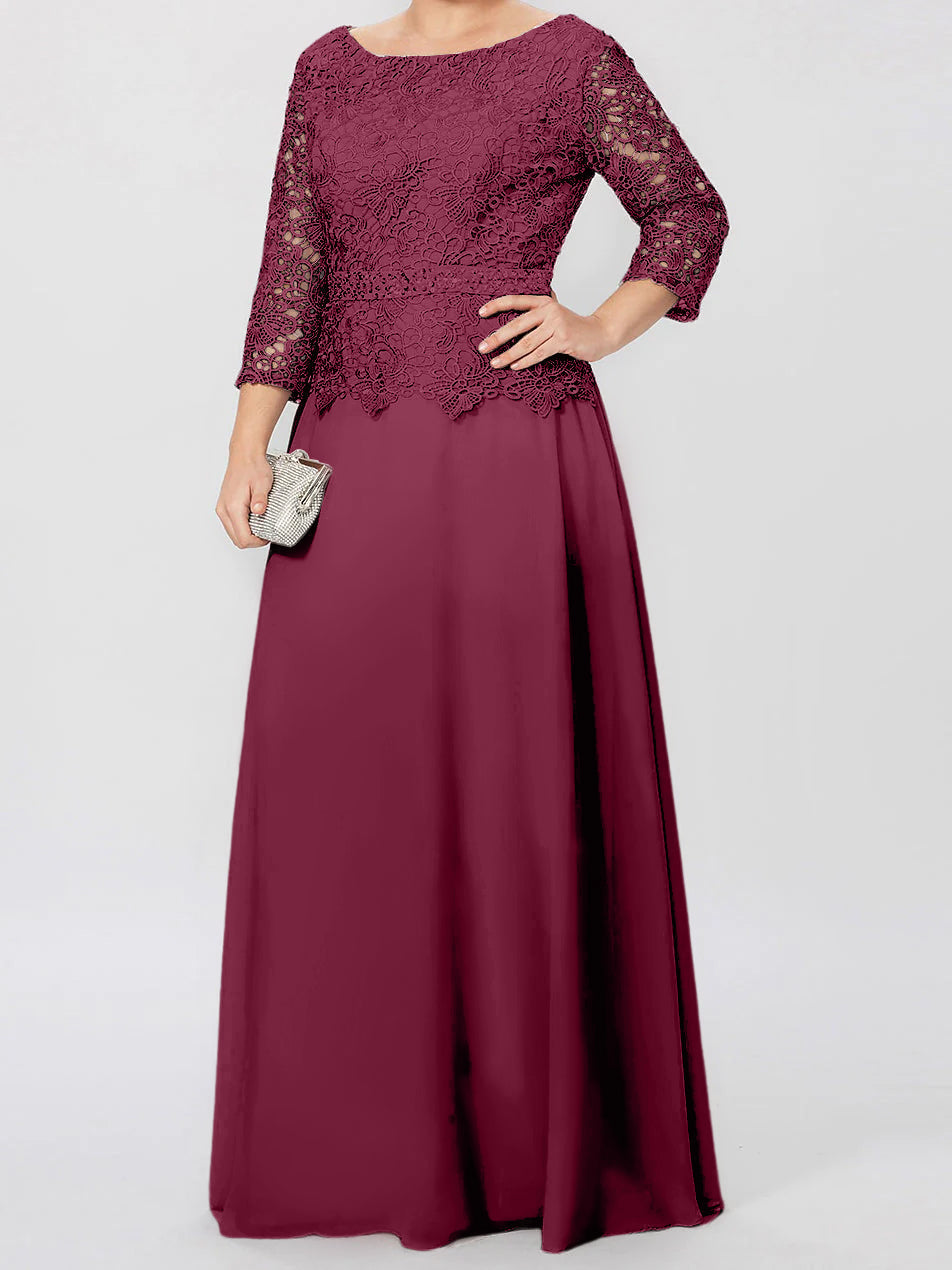 Long A Line Gown with Round Neck and 3/4 Sleeves Embellished with Applique & Sequins